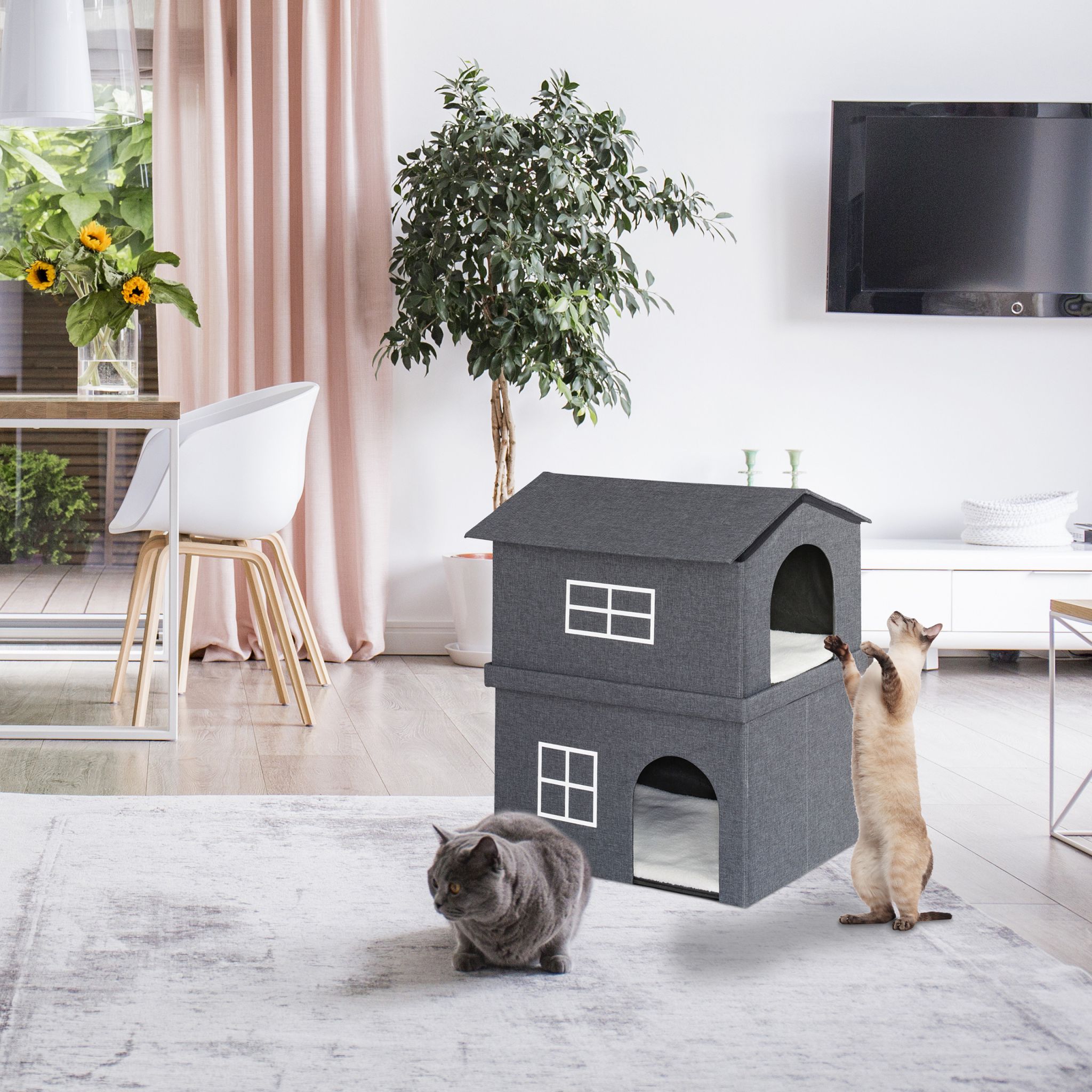 Katzenhaus 2 Etagen für drinnen Weiss-Grau von Relaxdays
