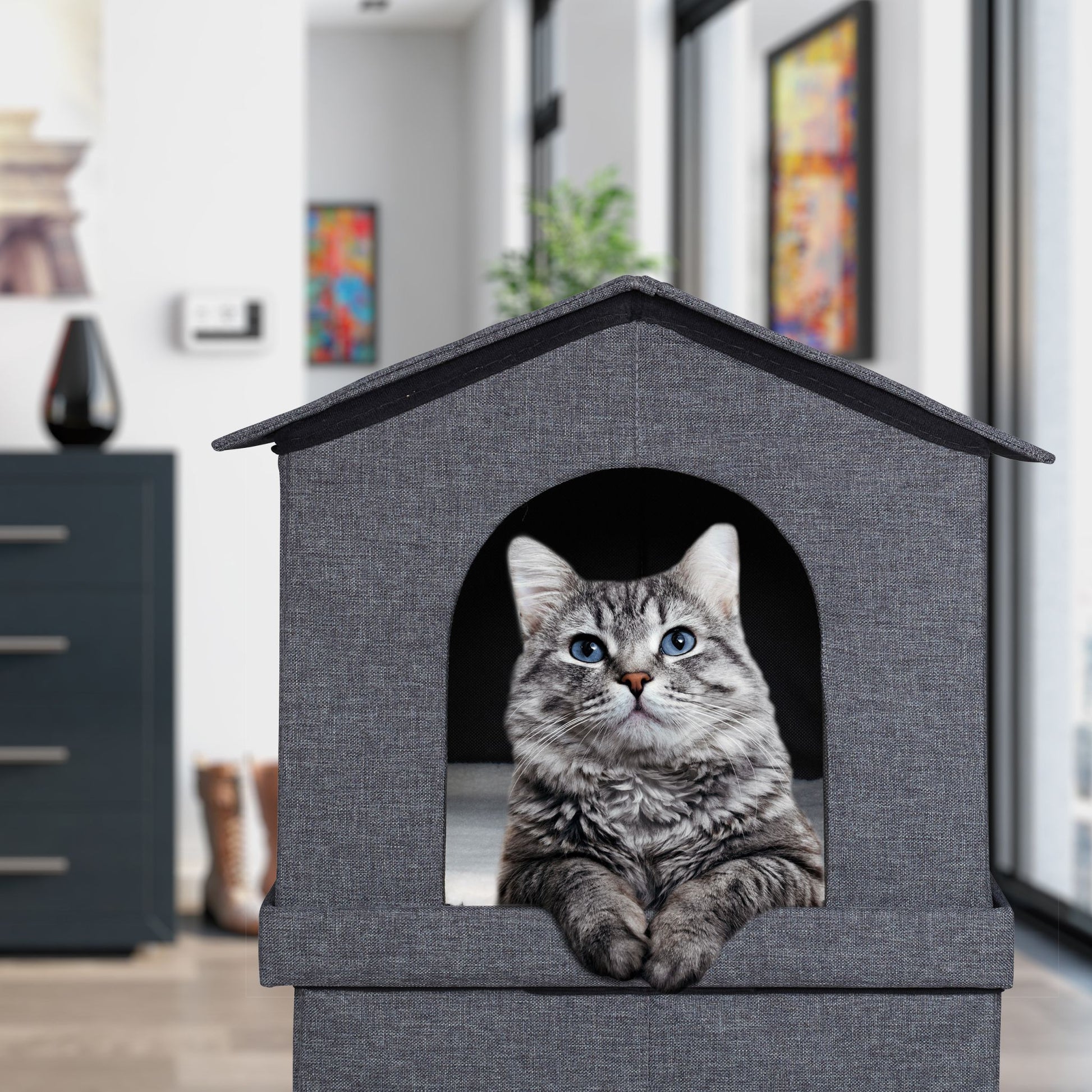 Katzenhaus 2 Etagen für drinnen Weiss-Grau von Relaxdays