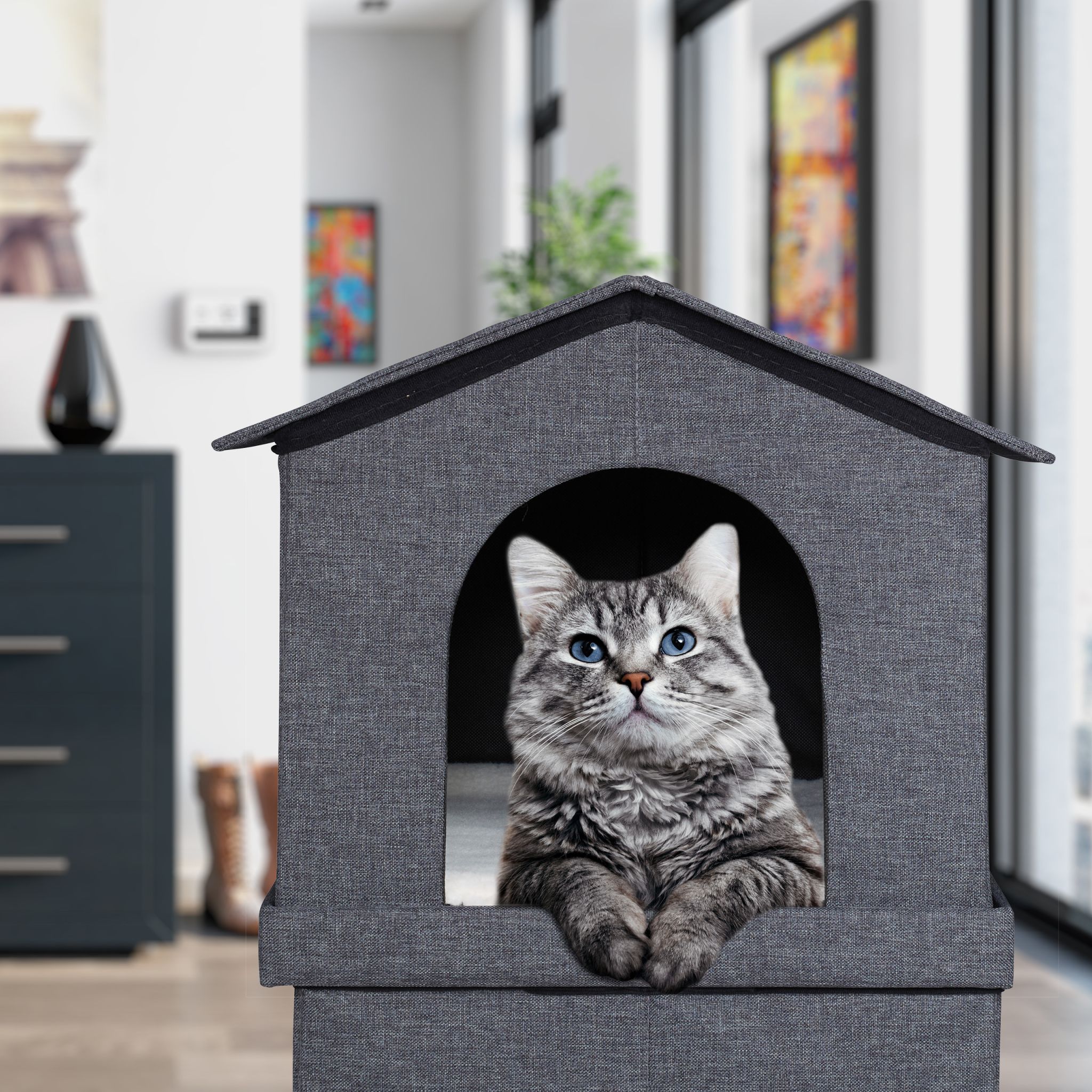 Katzenhaus 2 Etagen für drinnen Weiss-Grau von Relaxdays