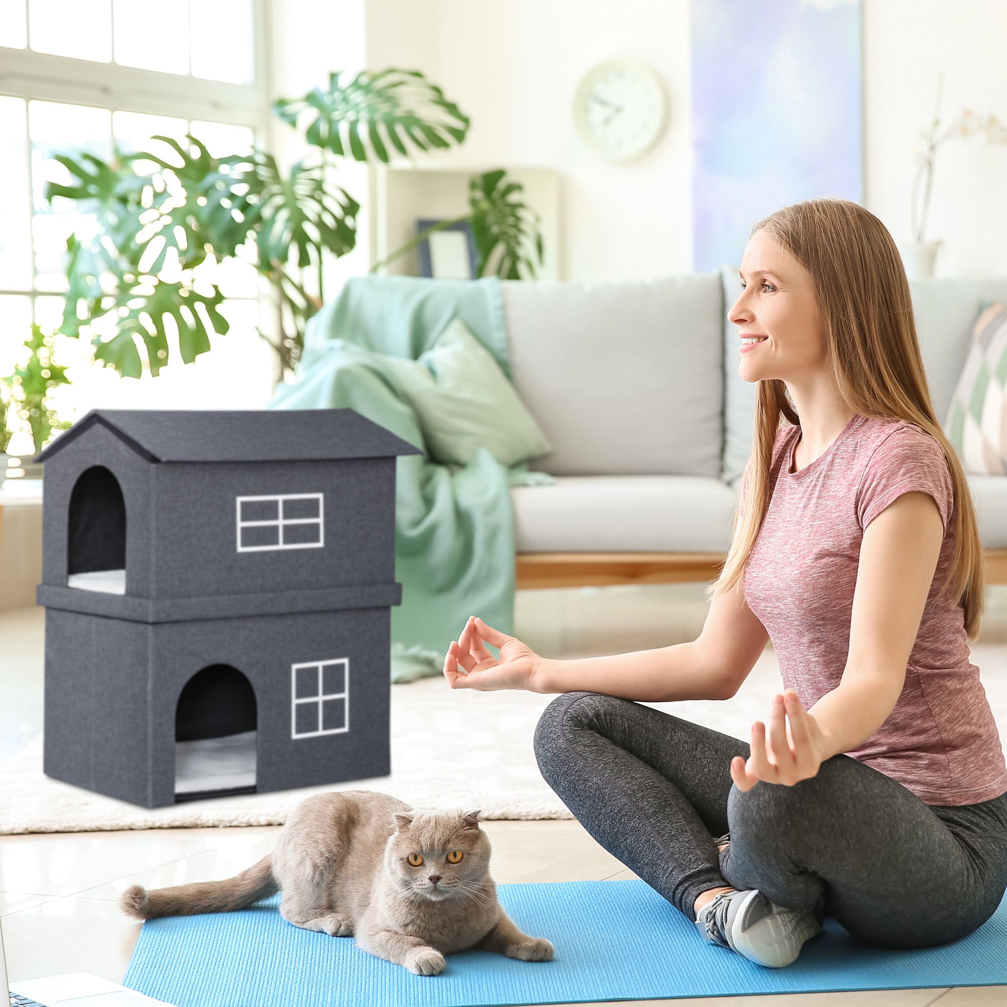 Katzenhaus 2 Etagen für drinnen Weiss-Grau von Relaxdays
