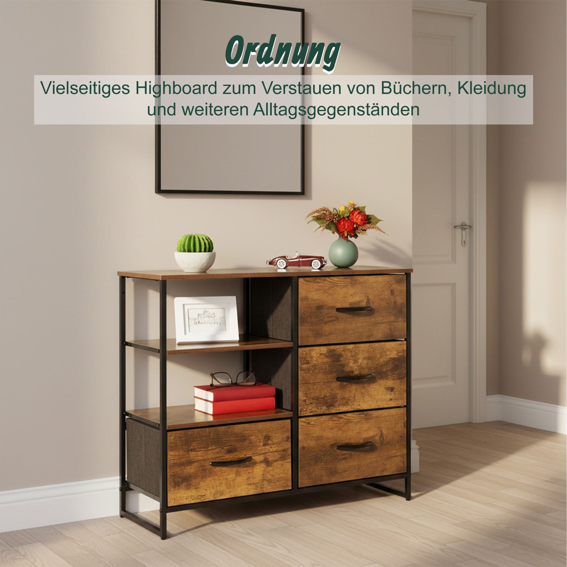 Kommode mit Schubladen & offenen Fächern Dunkelbraun-Schwarz von Relaxdays