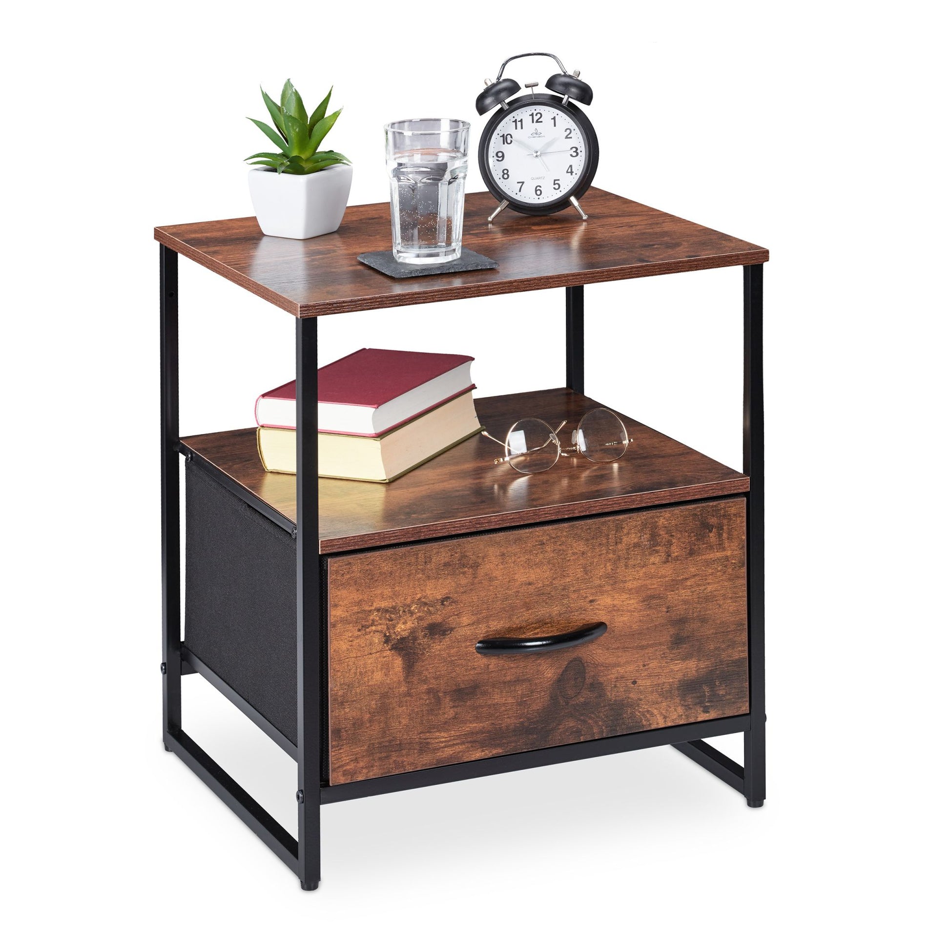 Nachttisch Industrial mit Schublade Dunkelbraun-Schwarz von Relaxdays