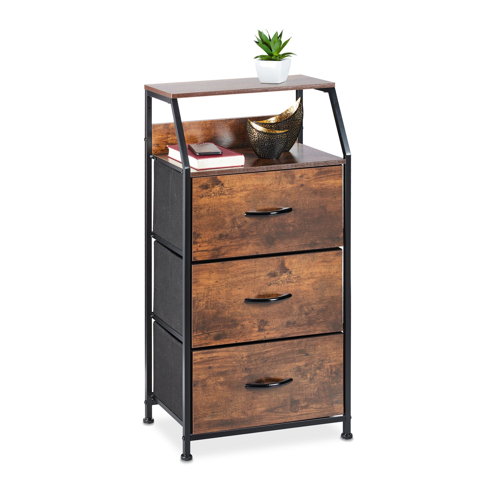 Standregal Industrial mit 3 Schubladen Dunkelbraun-Schwarz von Relaxdays