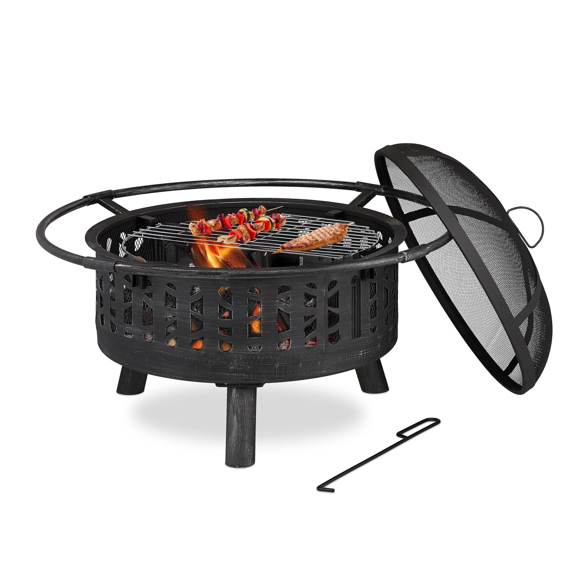 Feuerschale mit Grillrost & Funkenschutz Schwarz-Silber von Relaxdays
