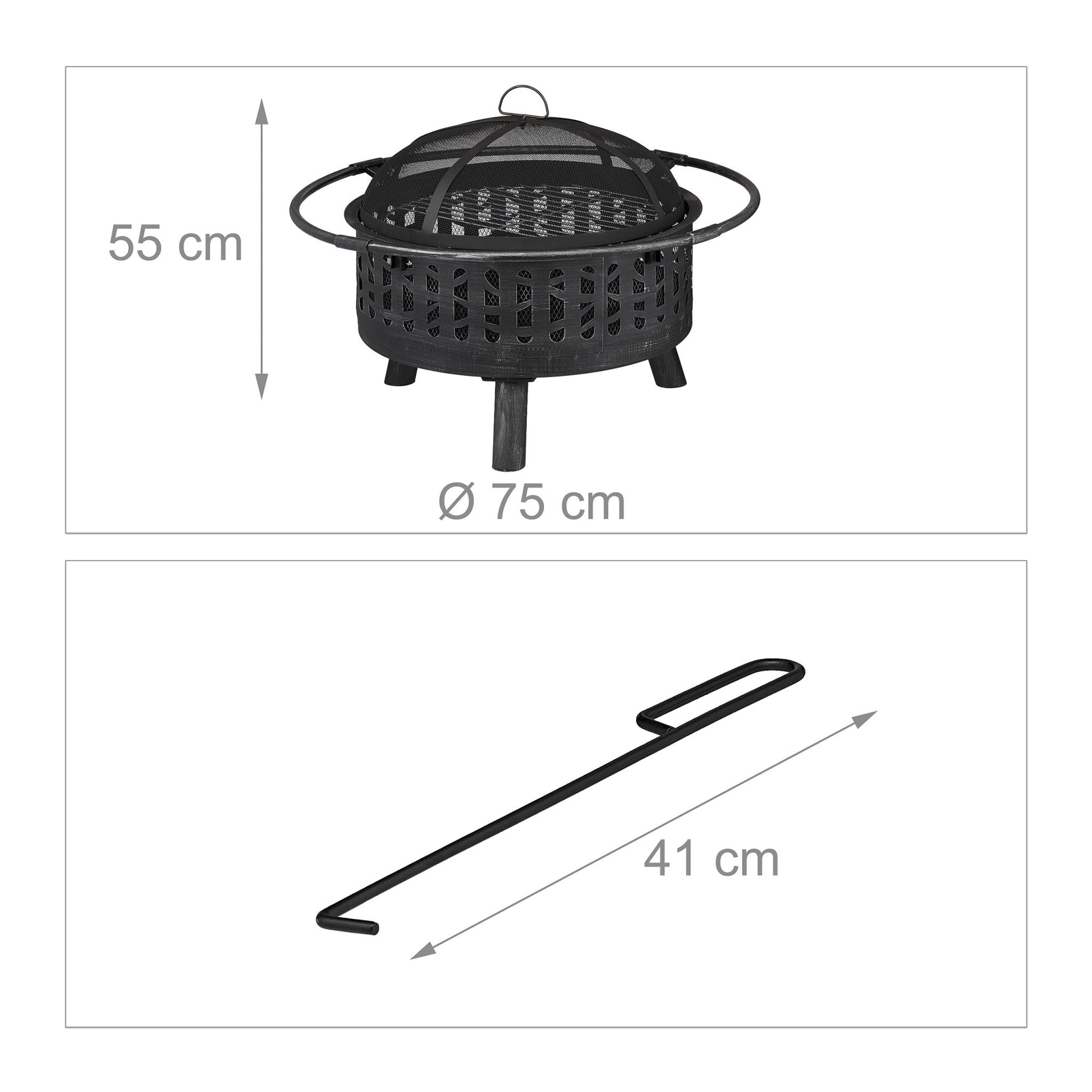 Feuerschale mit Grillrost & Funkenschutz Schwarz-Silber von Relaxdays