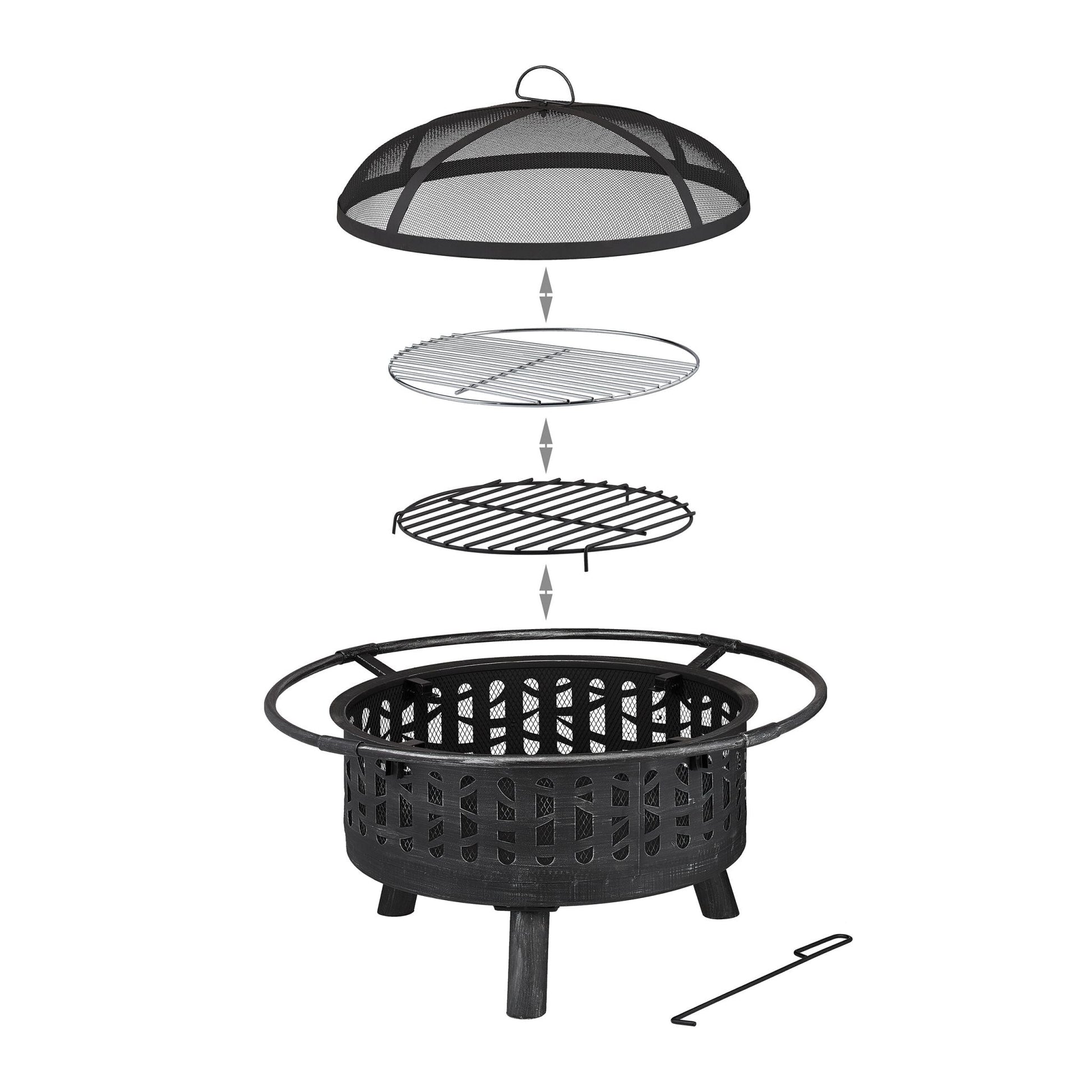 Feuerschale mit Grillrost & Funkenschutz Schwarz-Silber von Relaxdays