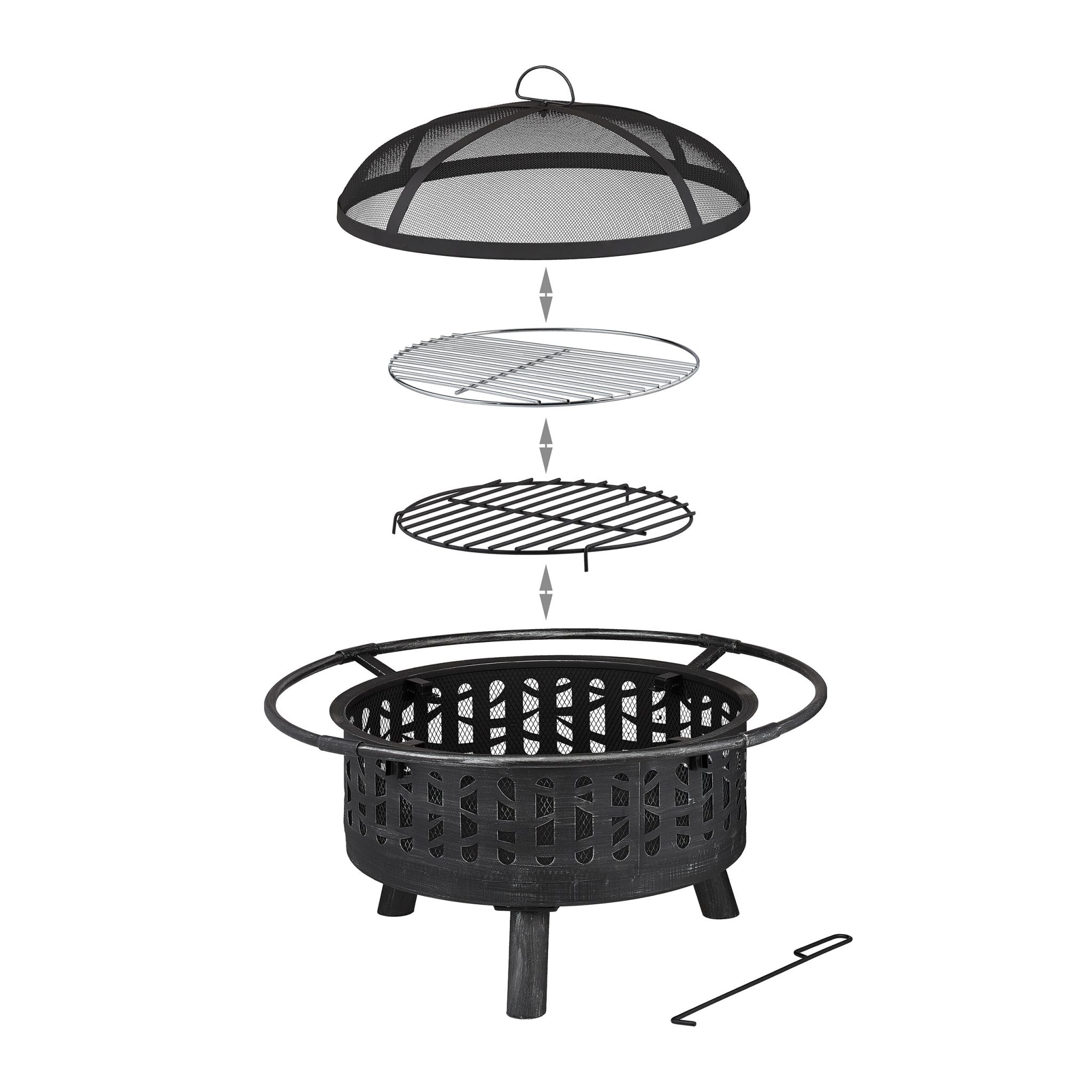 Feuerschale mit Grillrost & Funkenschutz Schwarz-Silber von Relaxdays