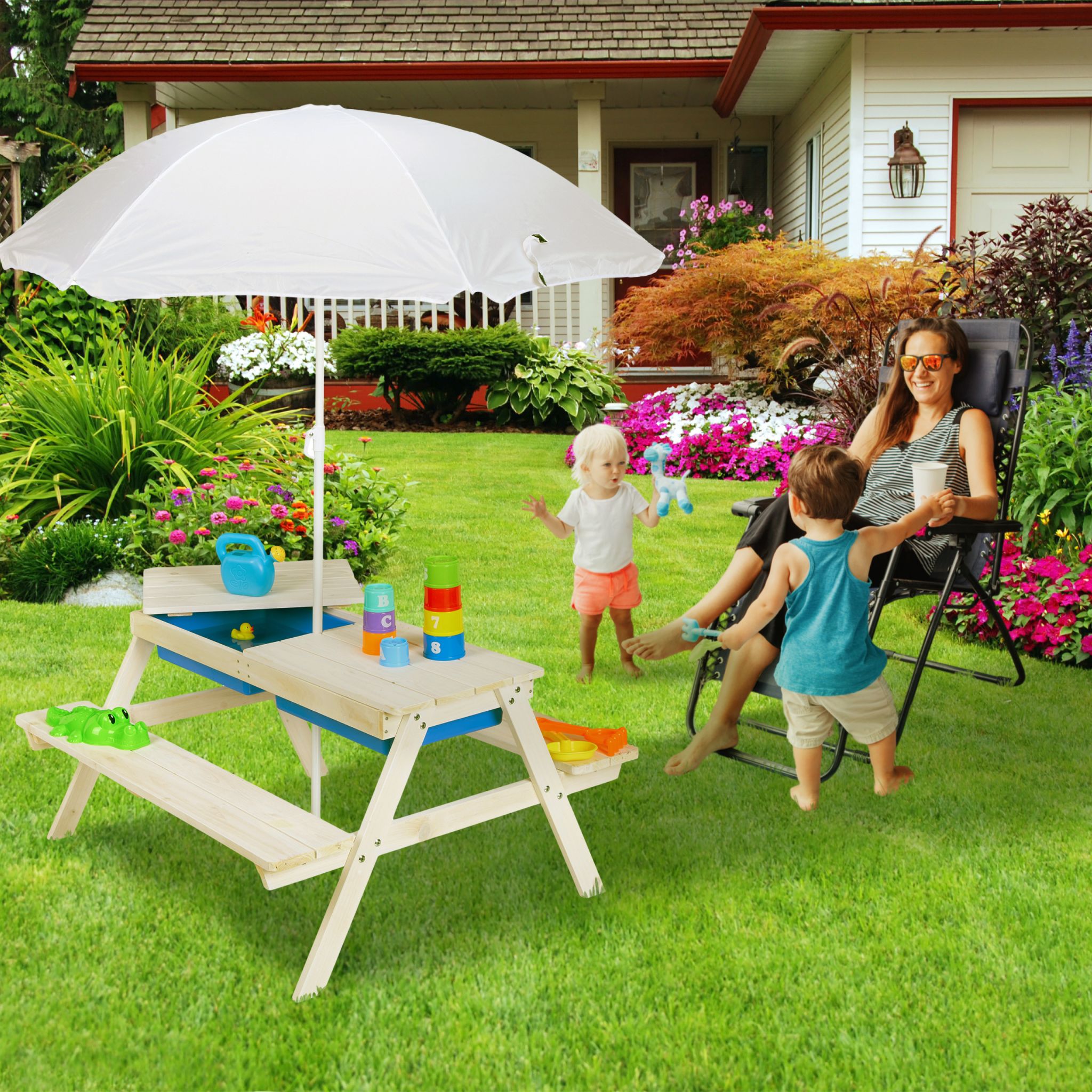 Kindersitzgruppe Holz mit Schirm Weiss von Relaxdays