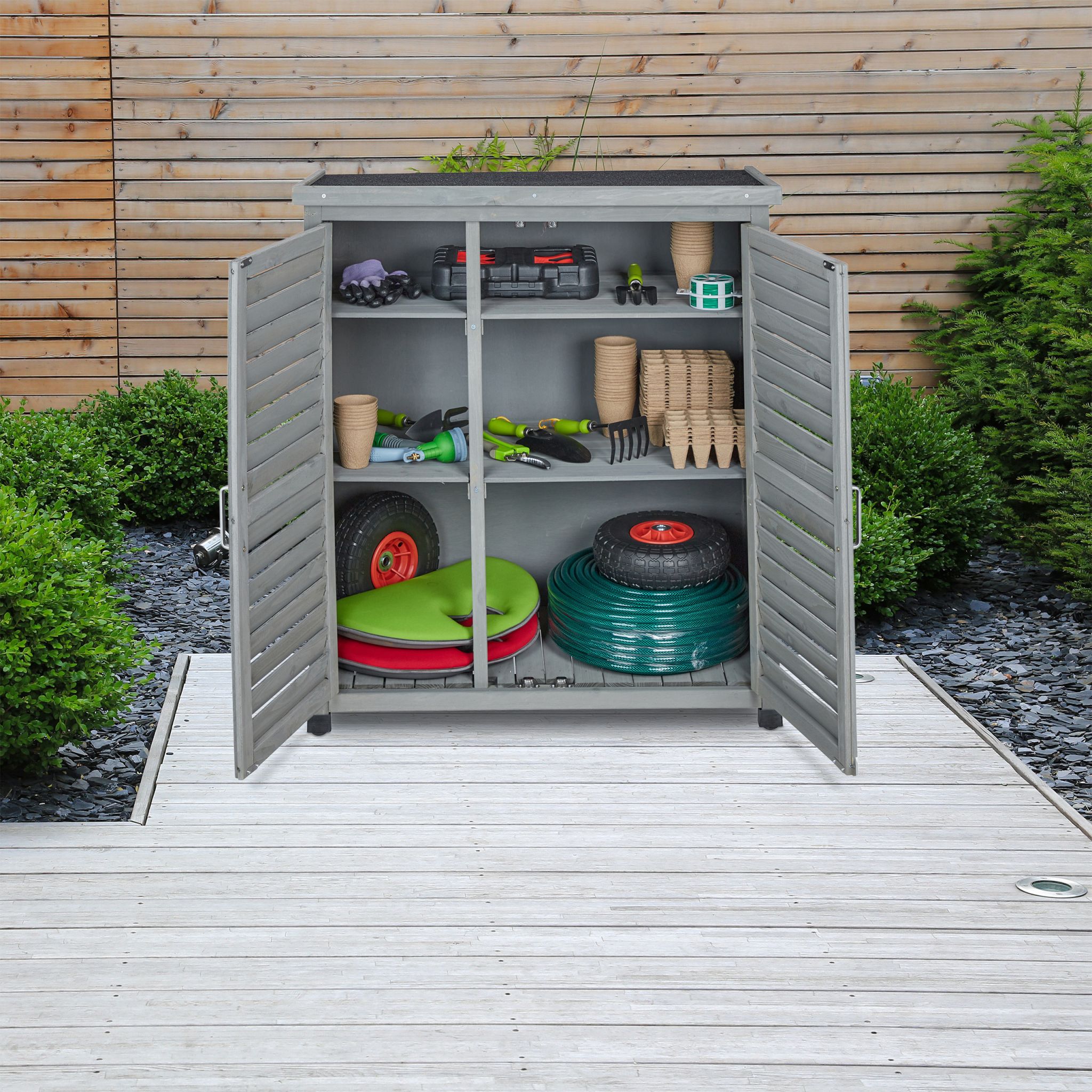 Grauer Gartenschrank 3 Fächer Schwarz-Grau von Relaxdays