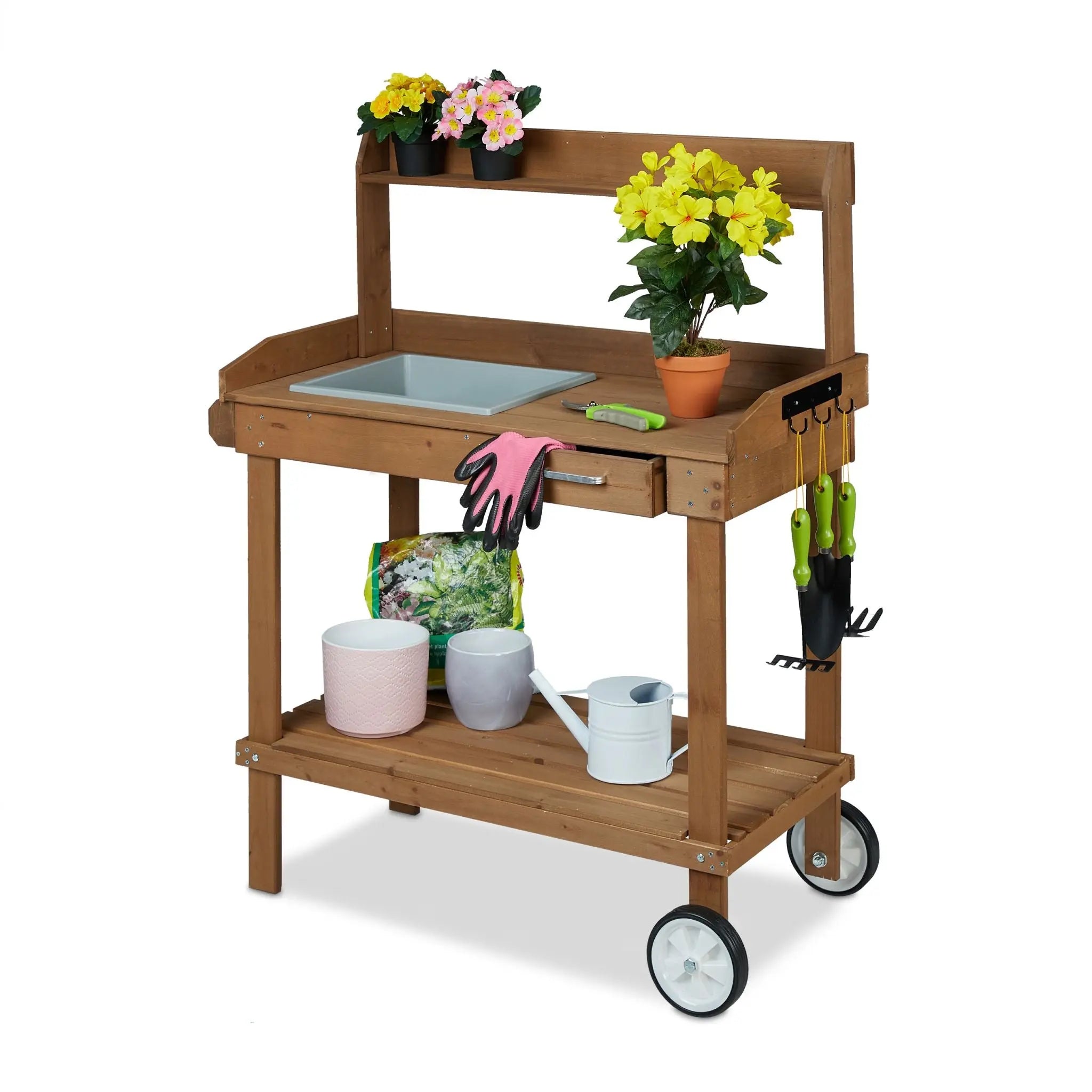 Pflanztisch mit Rollen Weiss-Braun-Grau von Relaxdays