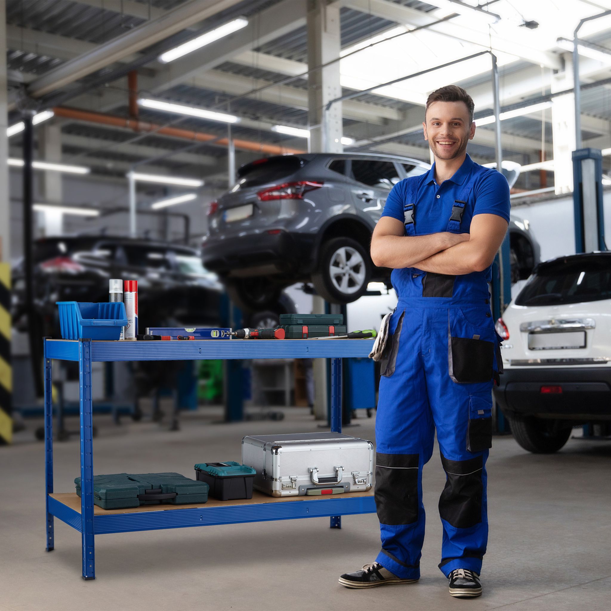 Werkbank mit 2 Ebenen Blau-Hellbraun von Relaxdays