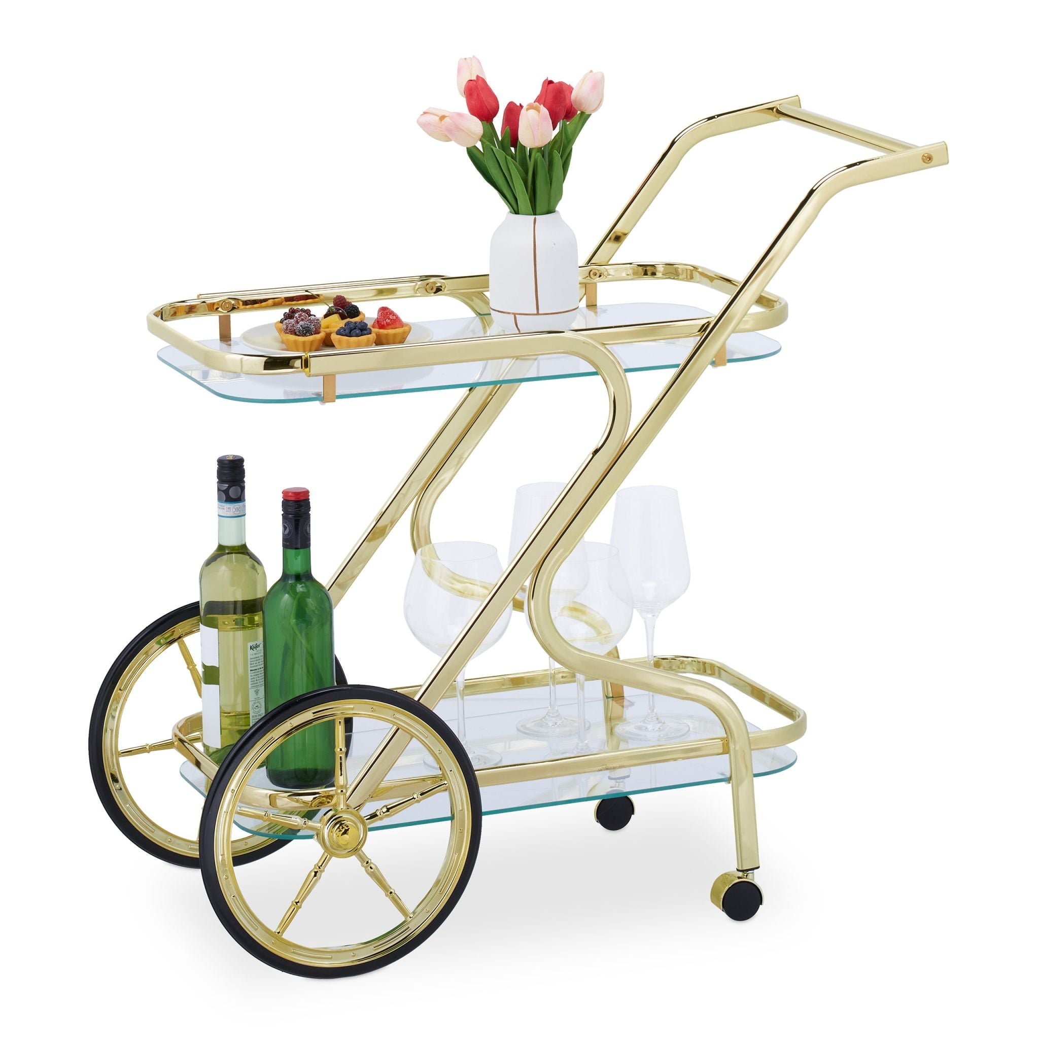 Servierwagen Messing & Glas Gold-Schwarz-Transparent von Relaxdays
