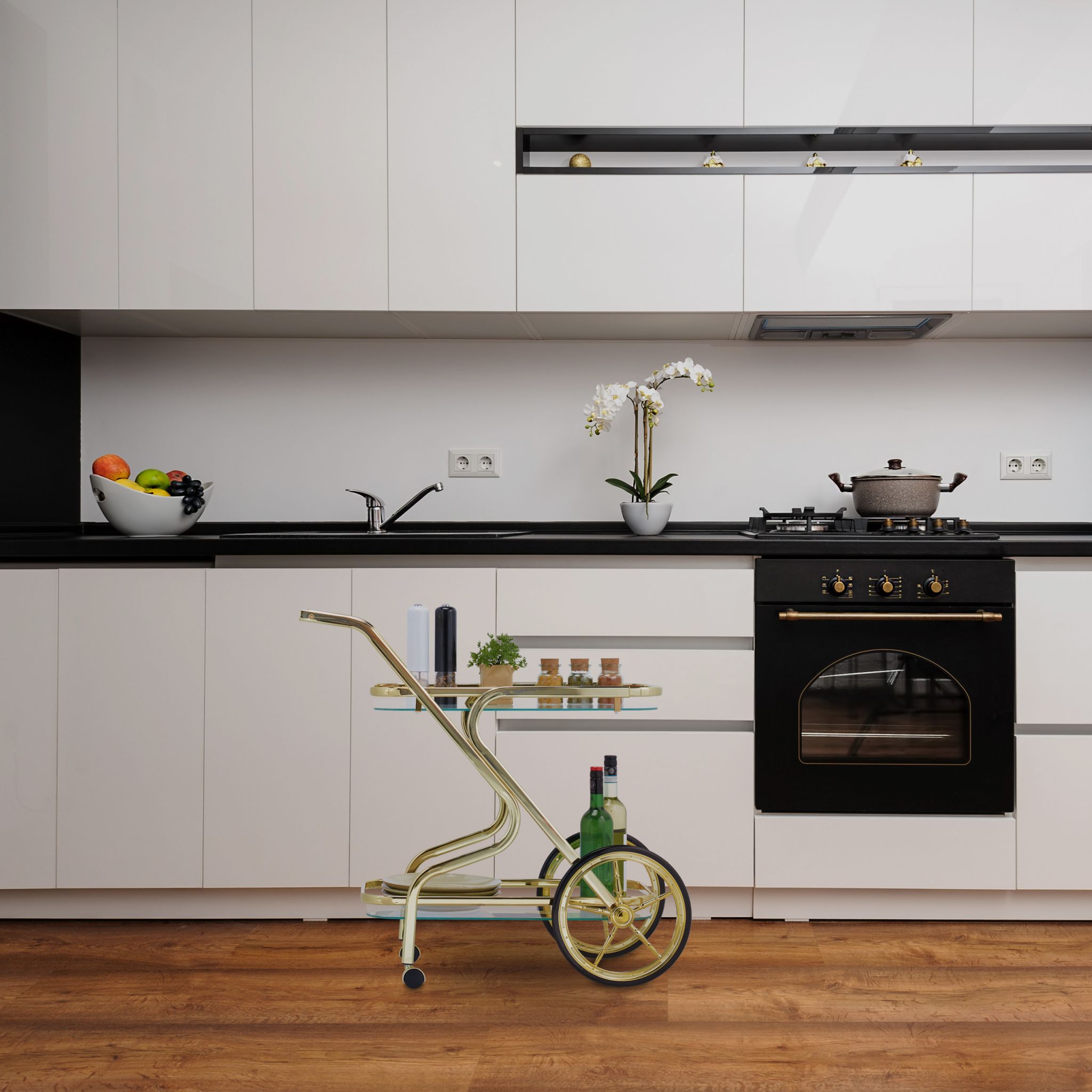 Servierwagen Messing & Glas Gold-Schwarz-Transparent von Relaxdays
