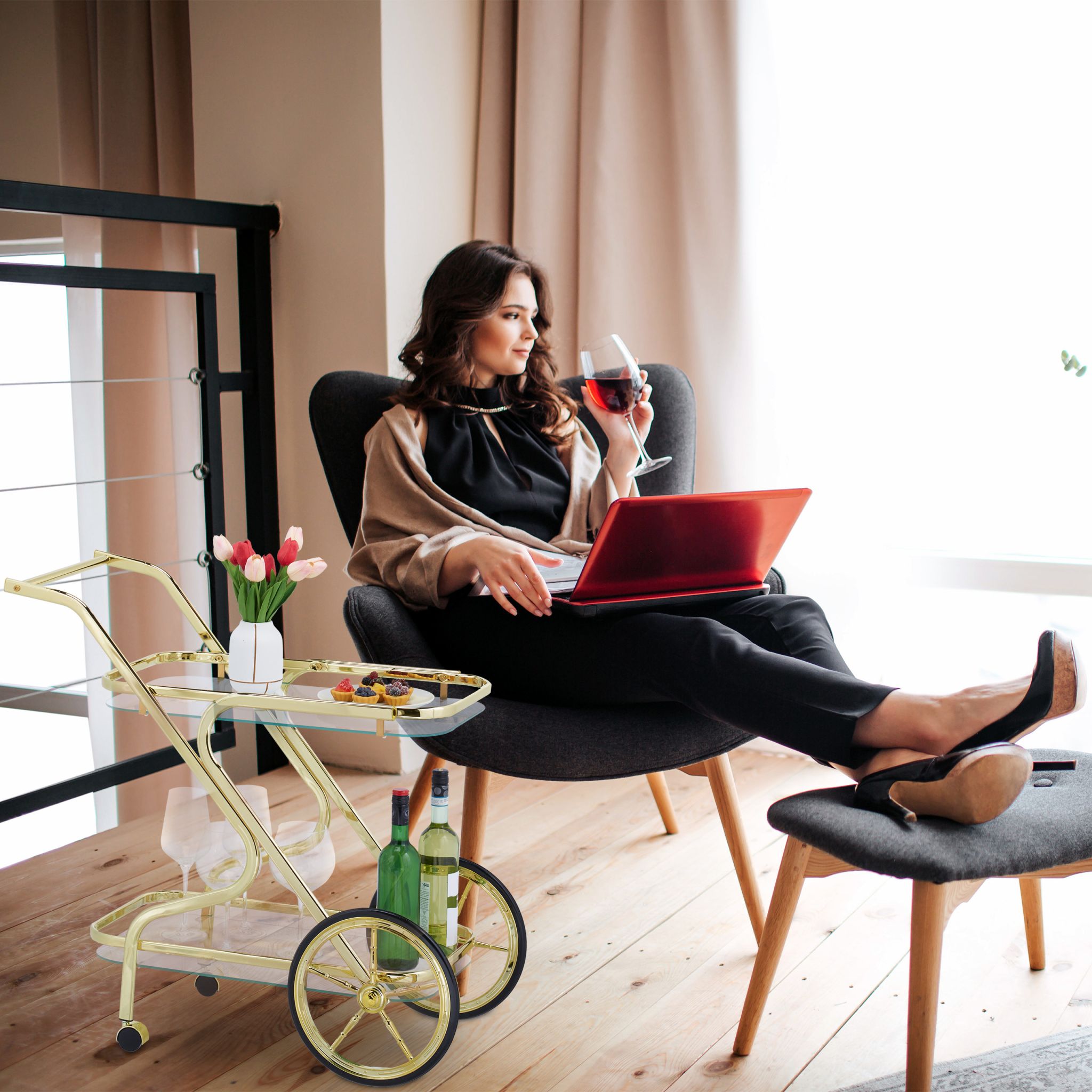 Servierwagen Messing & Glas Gold-Schwarz-Transparent von Relaxdays