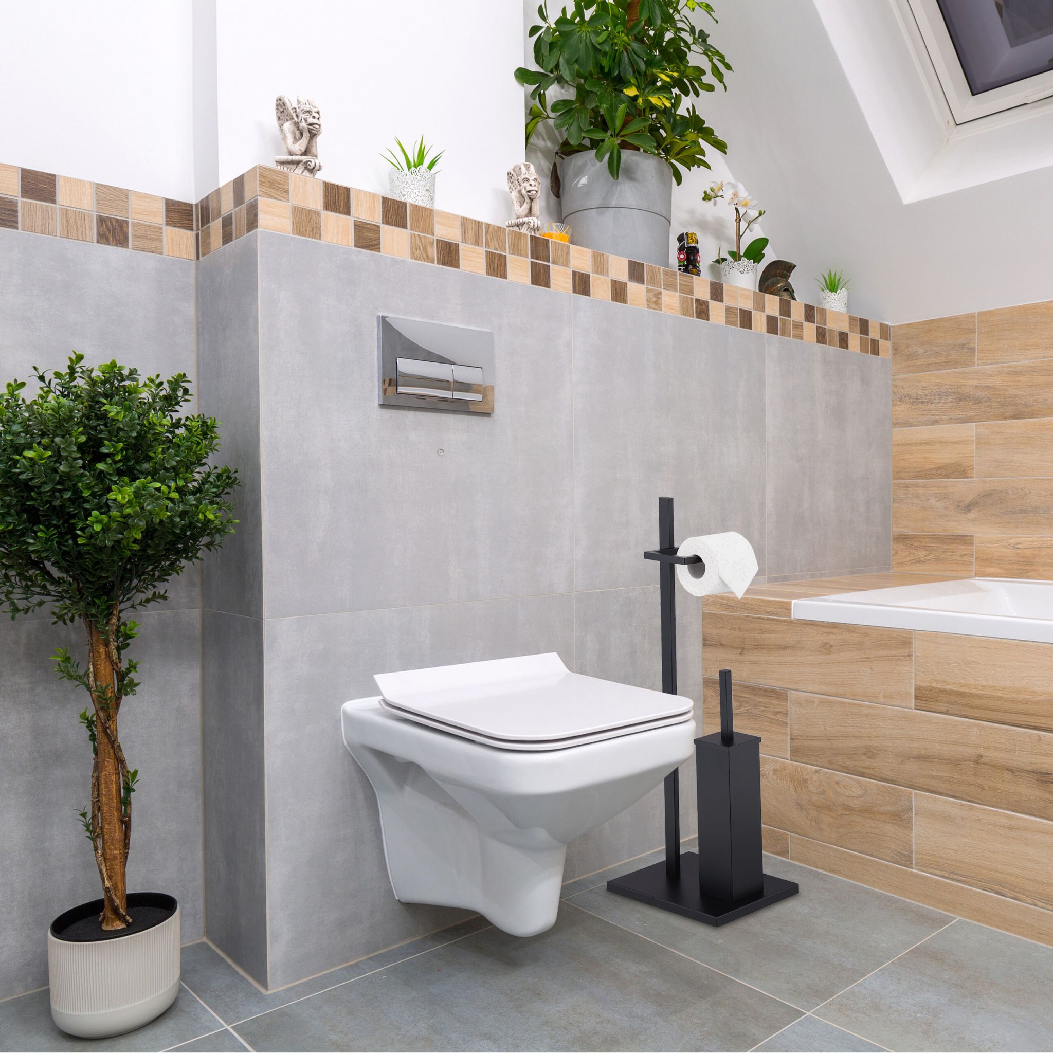 WC Garnitur mit 3 Ersatz-Bürstenköpfen Schwarz von Relaxdays