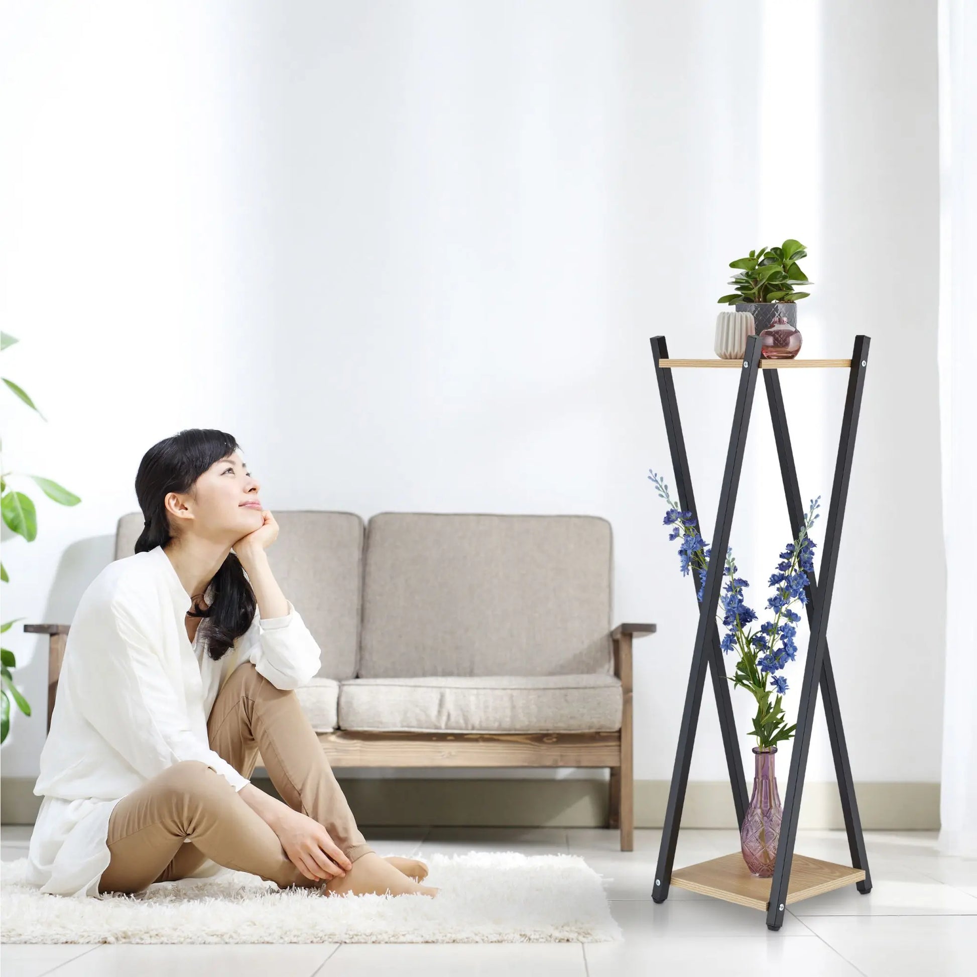 XL Blumenständer mit 2 Ebenen Dunkelbraun-Schwarz von Relaxdays