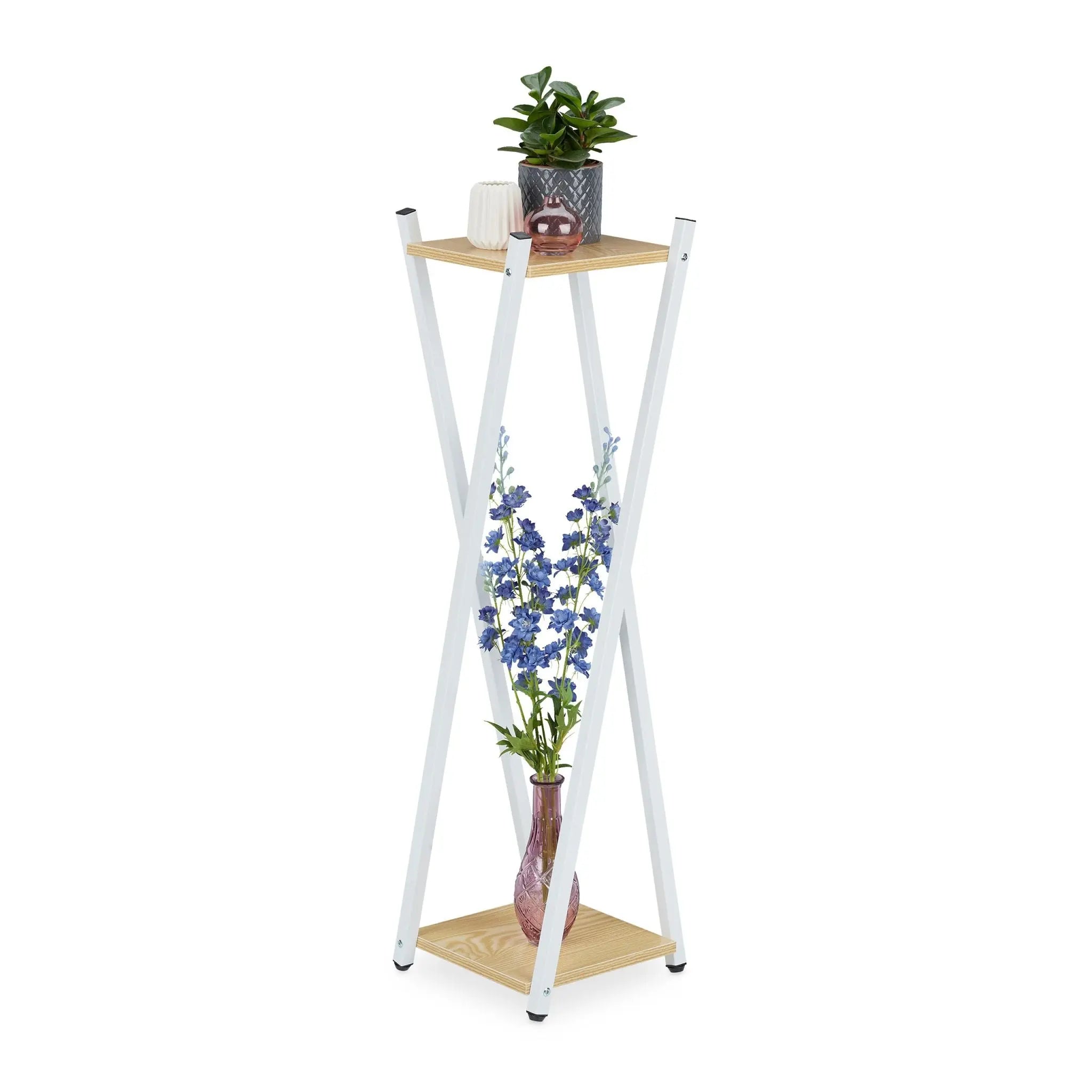 Hoher Blumenständer mit 2 Etagen Weiss-Hellbraun von Relaxdays