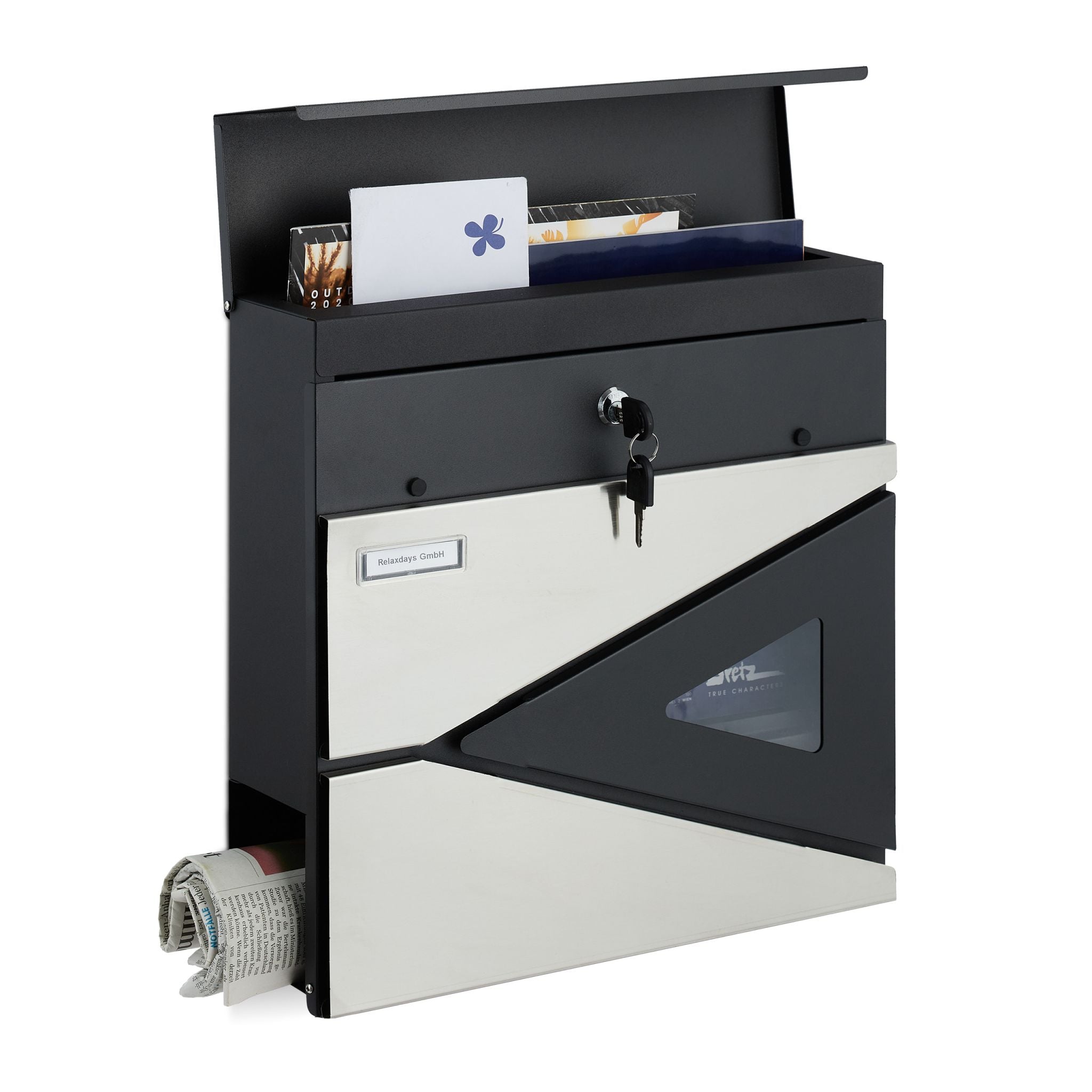 Briefkasten mit Zeitungsfach Schwarz-Silber von Relaxdays