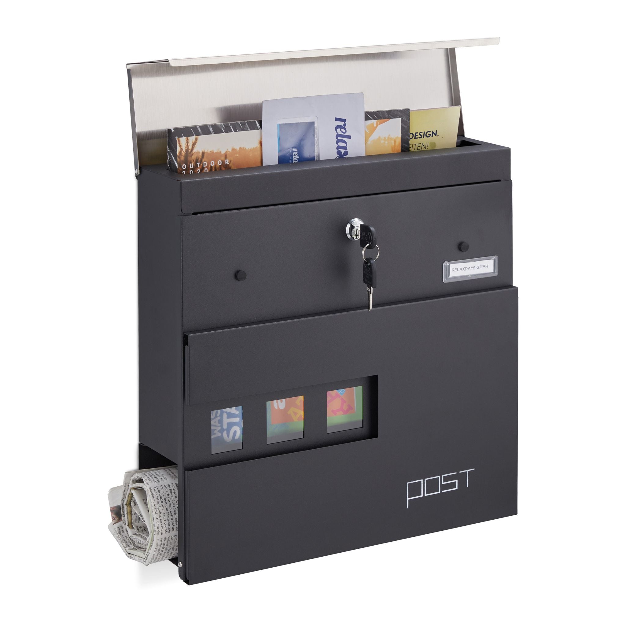 Briefkasten mit Zeitungsfach Schwarz-Silber von Relaxdays