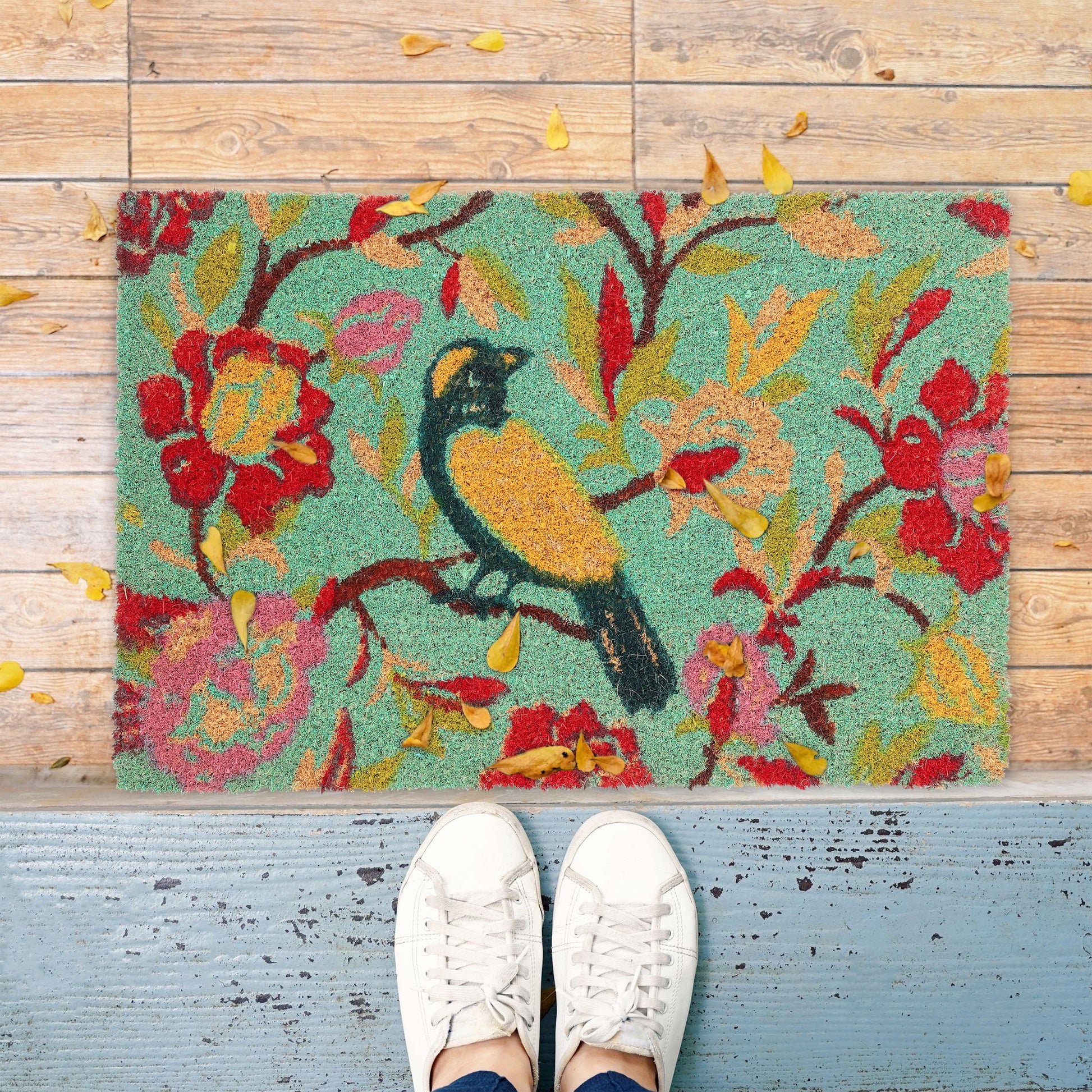 Bunte Fussmatte mit Vogel-Motiv Blau-Gelb-Rot von Relaxdays