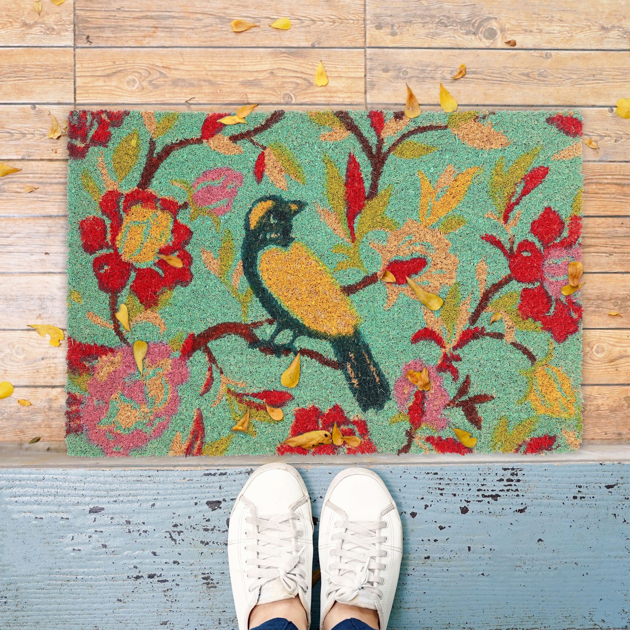 Bunte Fussmatte mit Vogel-Motiv Blau-Gelb-Rot von Relaxdays