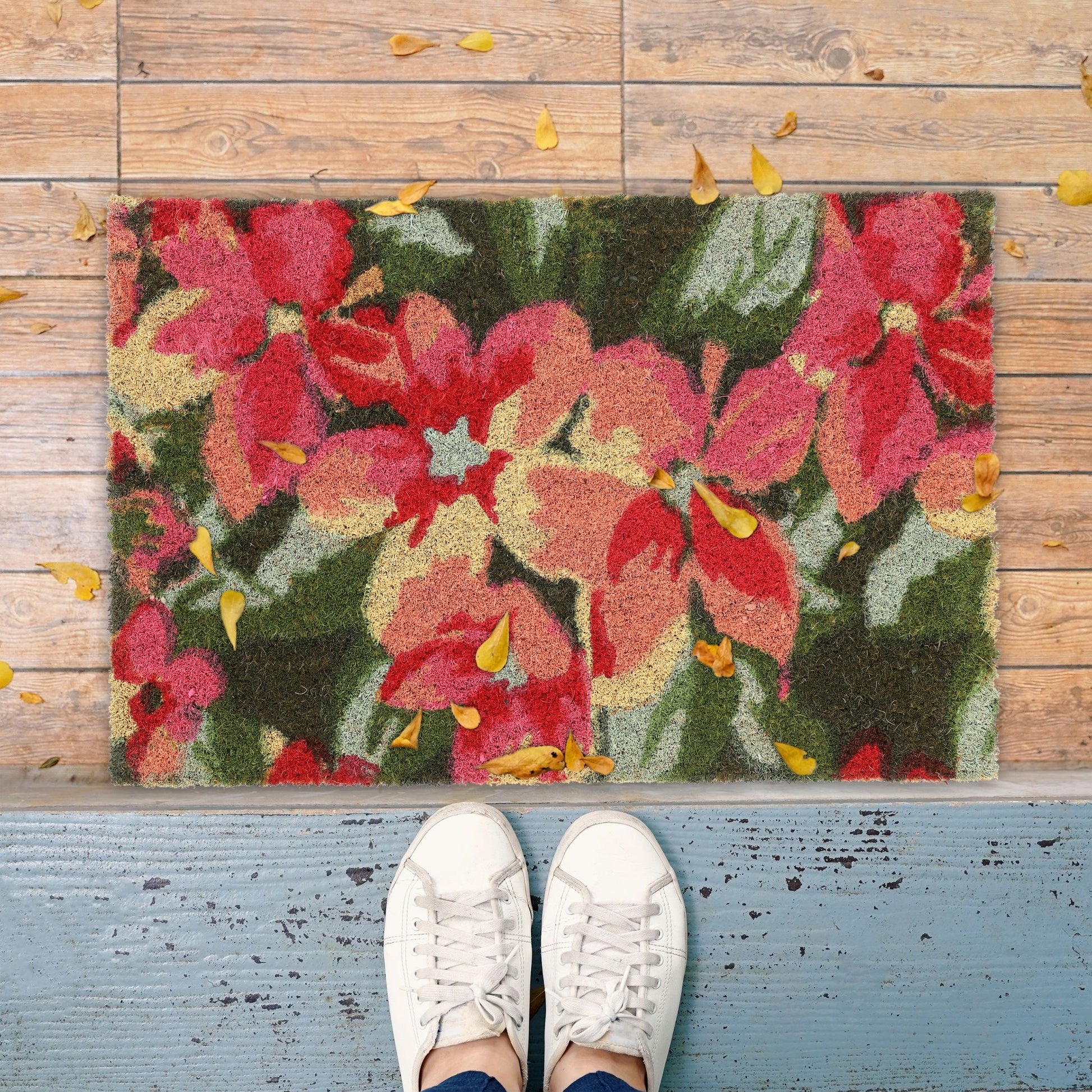 Kokos Fussmatte Blüten Grün-Rosa-Rot von Relaxdays