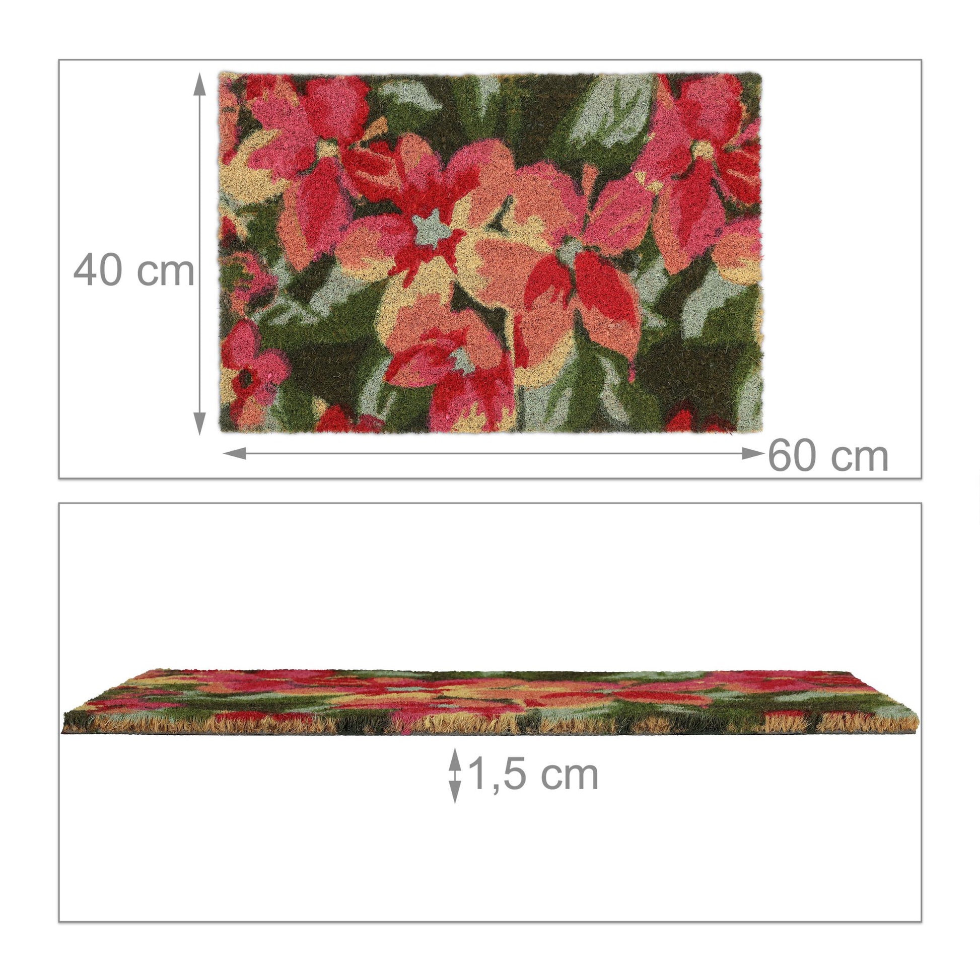 Kokos Fussmatte Blüten Grün-Rosa-Rot von Relaxdays