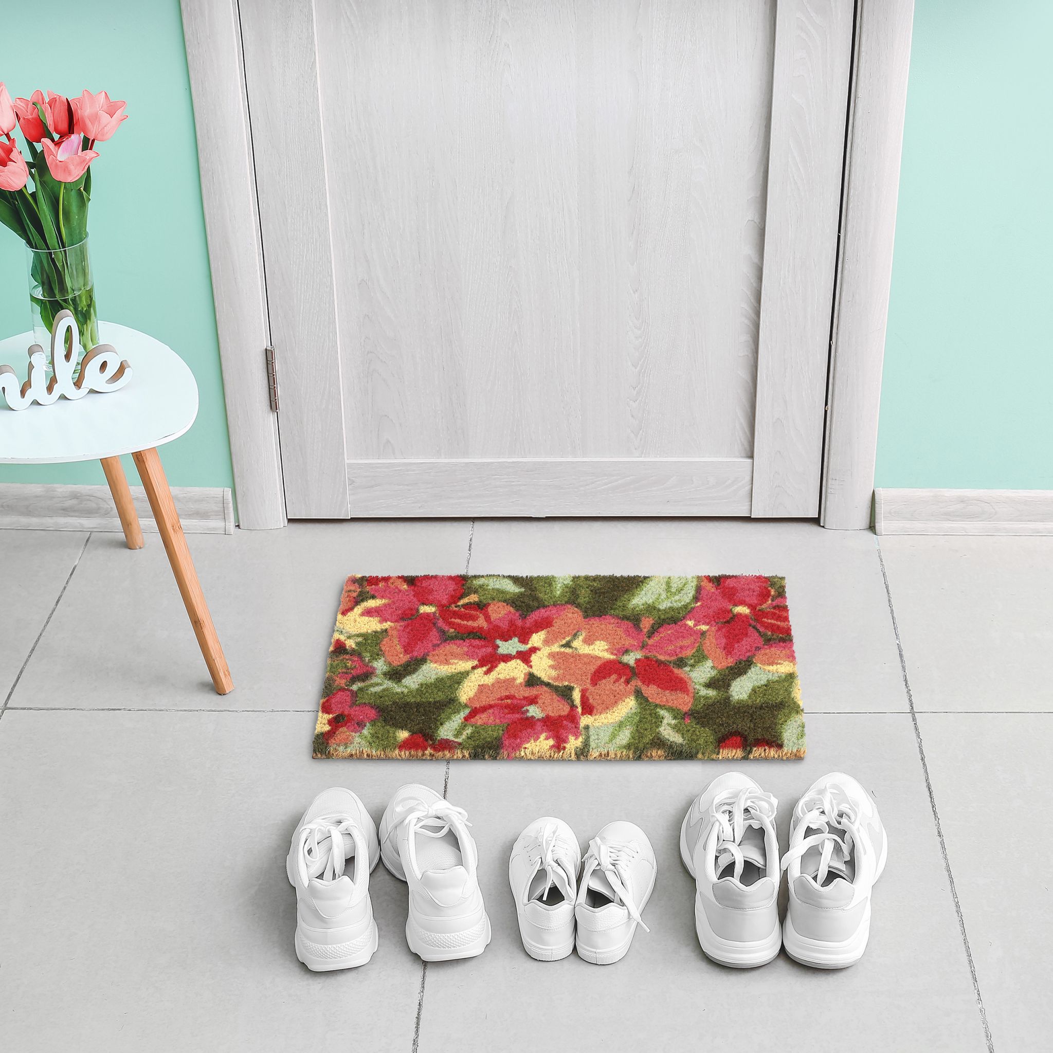 Kokos Fussmatte Blüten Grün-Rosa-Rot von Relaxdays