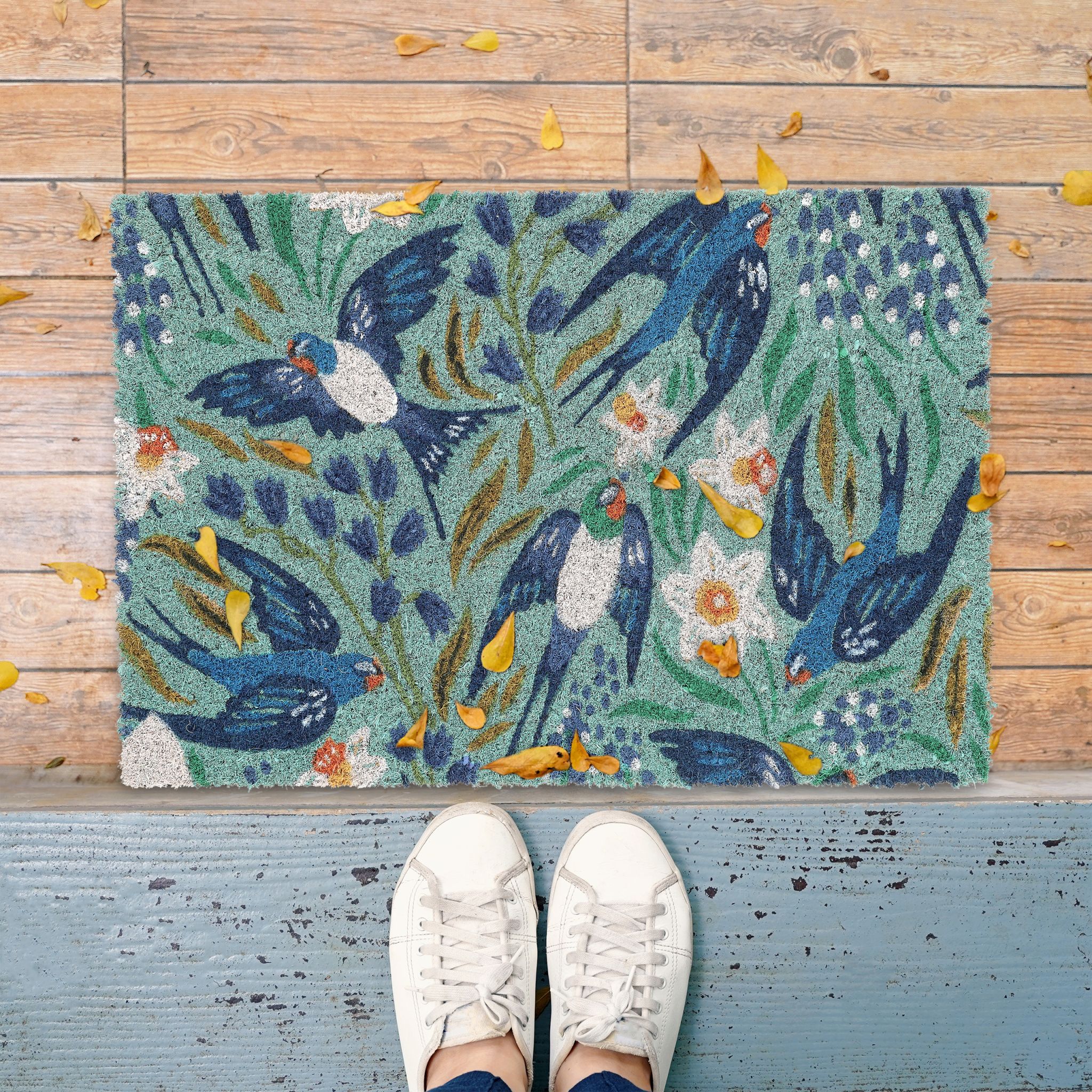 Kokos Fussmatte Schwalben Weiss-Blau-Türkis von Relaxdays
