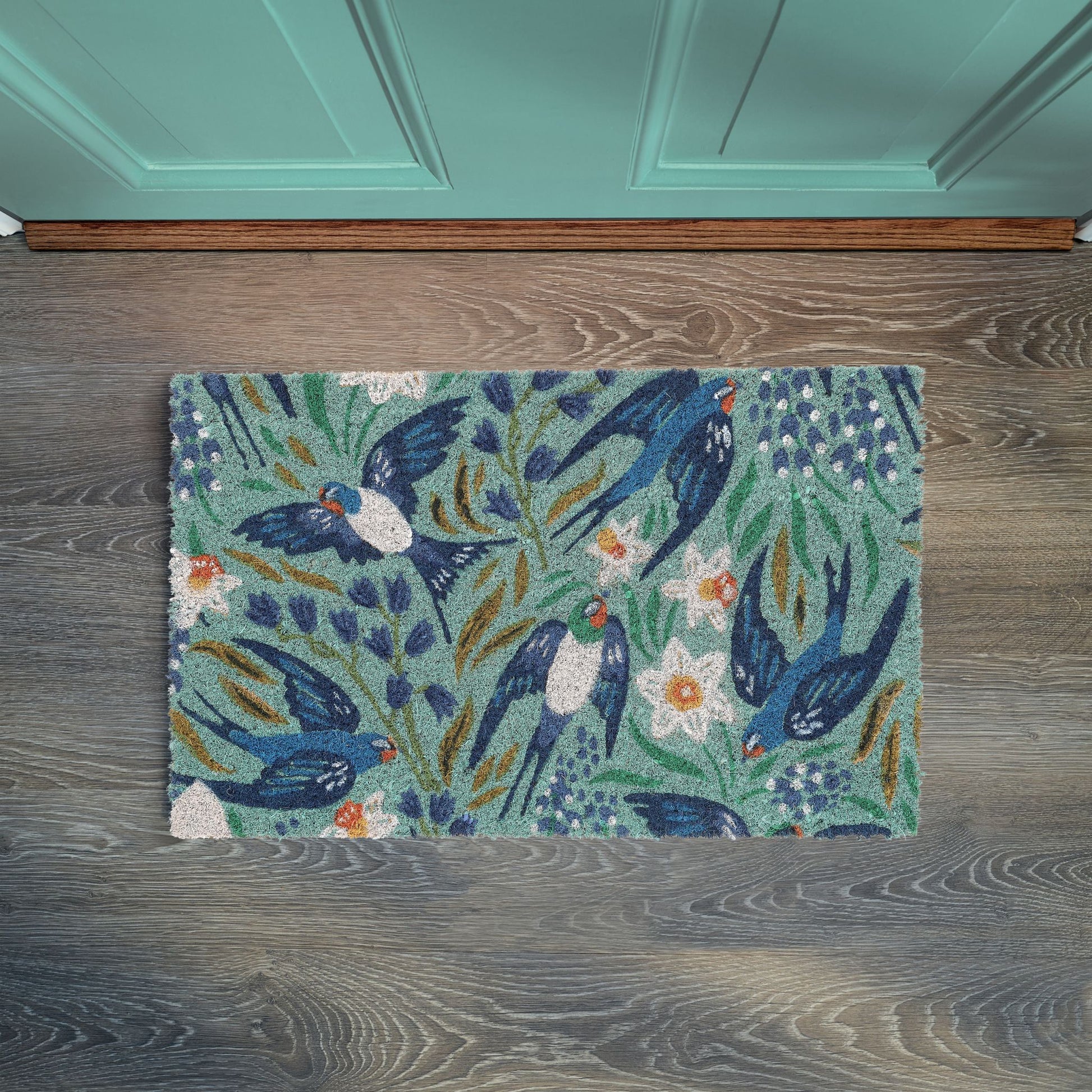 Kokos Fussmatte Schwalben Weiss-Blau-Türkis von Relaxdays