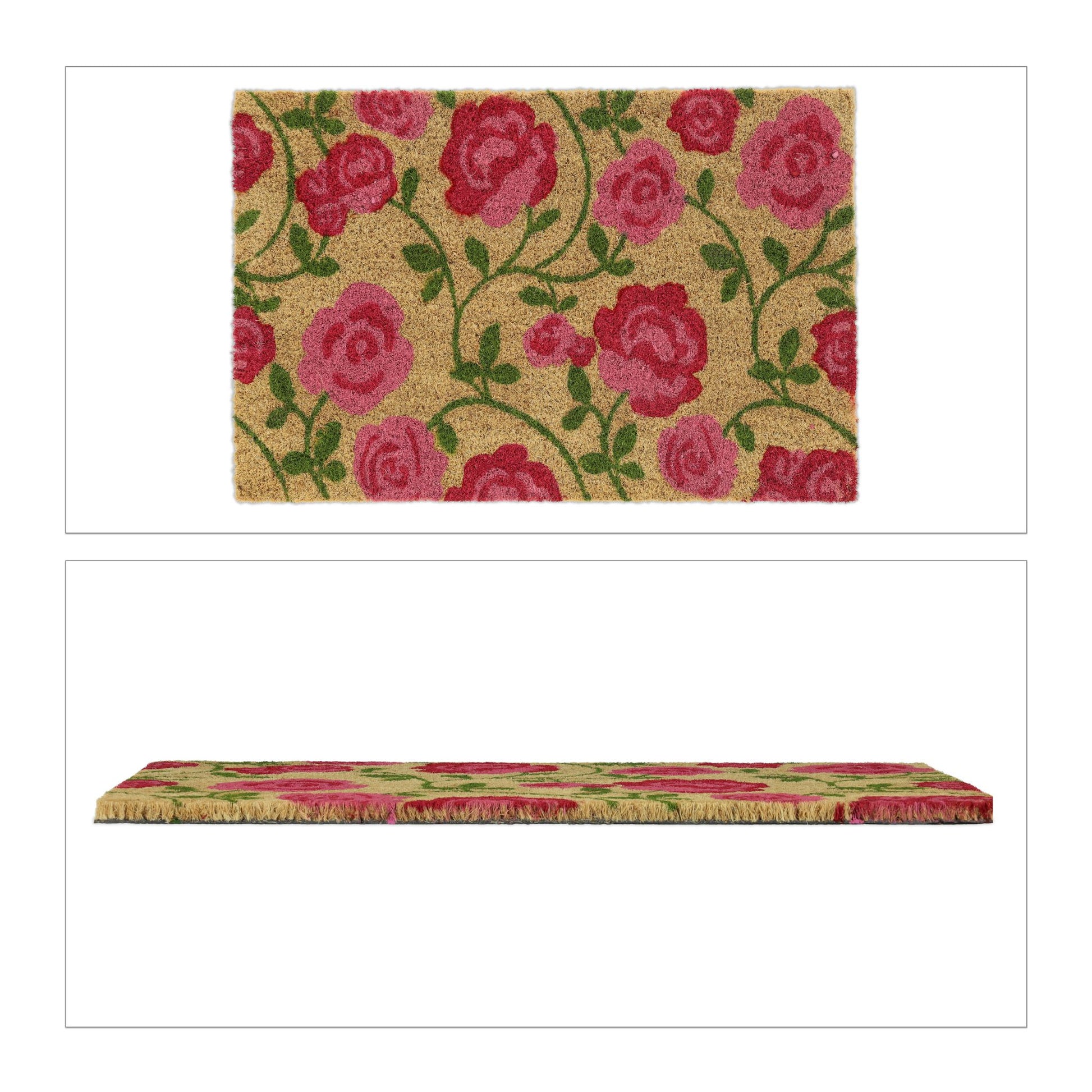 Kokos Fussmatte mit Rosen-Motiv Grün-Hellbraun-Pink von Relaxdays