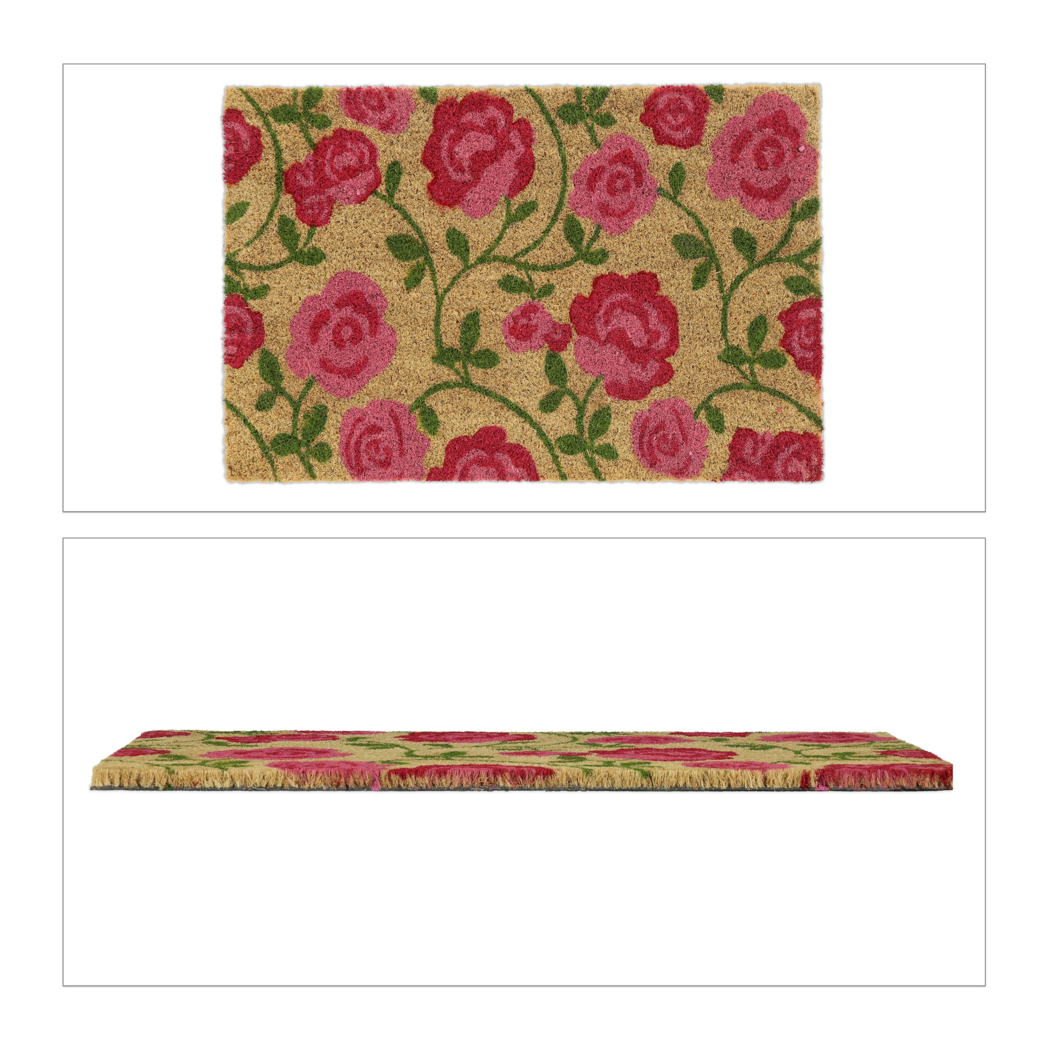Kokos Fussmatte mit Rosen-Motiv Grün-Hellbraun-Pink von Relaxdays