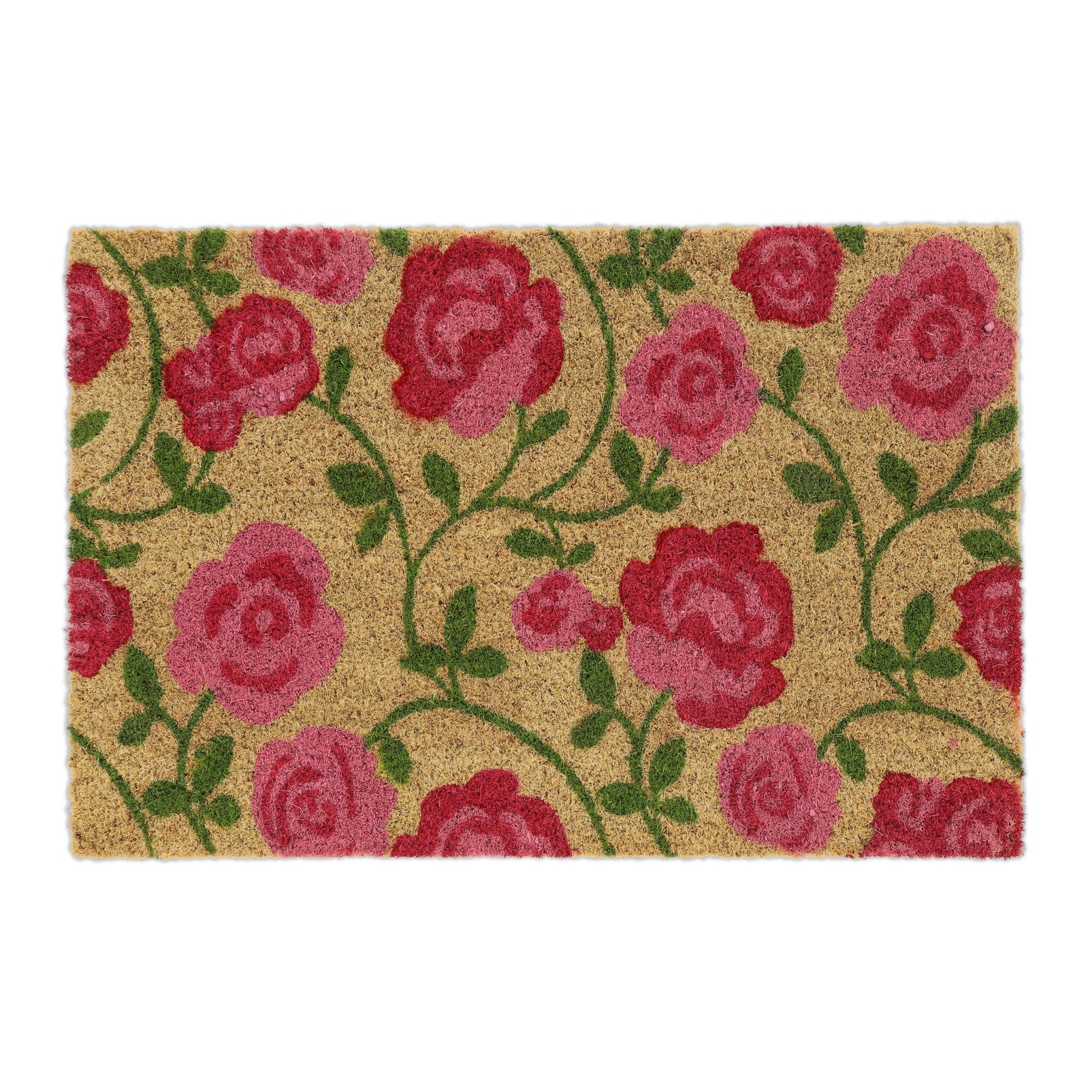 Kokos Fussmatte mit Rosen-Motiv Grün-Hellbraun-Pink von Relaxdays