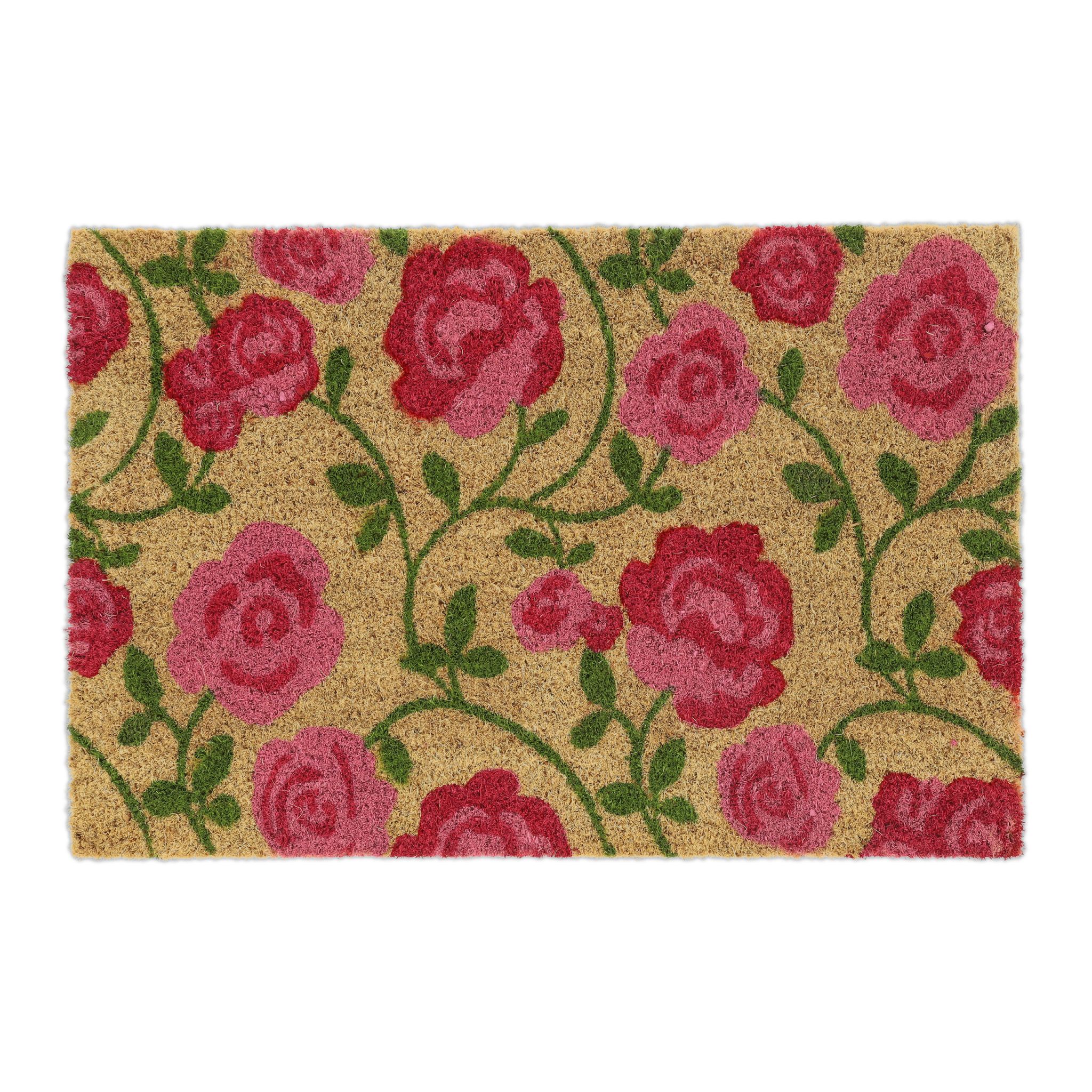 Kokos Fussmatte mit Rosen-Motiv Grün-Hellbraun-Pink von Relaxdays