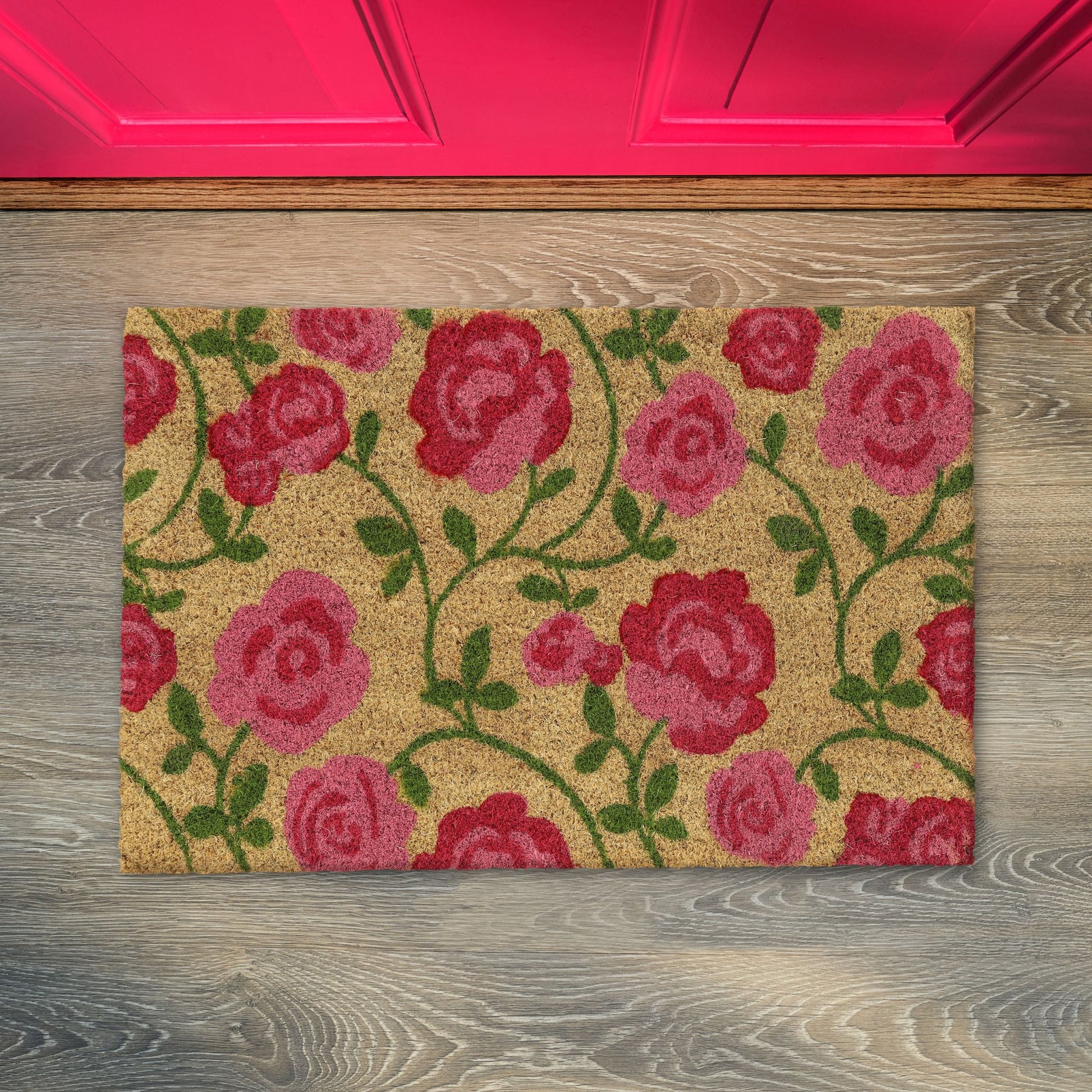 Kokos Fussmatte mit Rosen-Motiv Grün-Hellbraun-Pink von Relaxdays