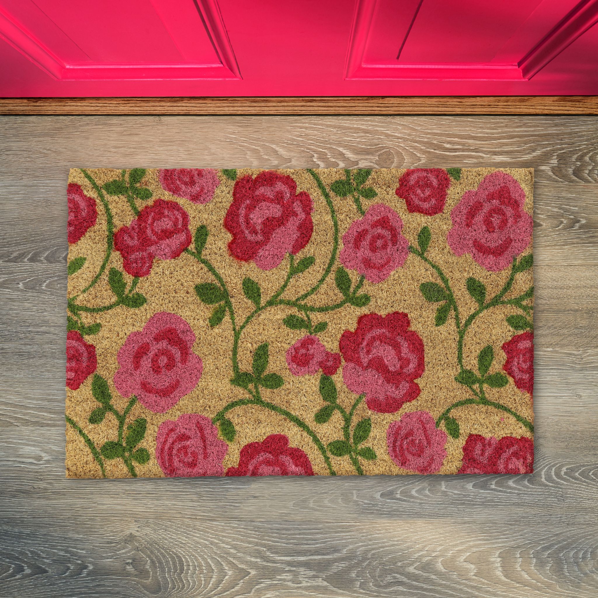 Kokos Fussmatte mit Rosen-Motiv Grün-Hellbraun-Pink von Relaxdays