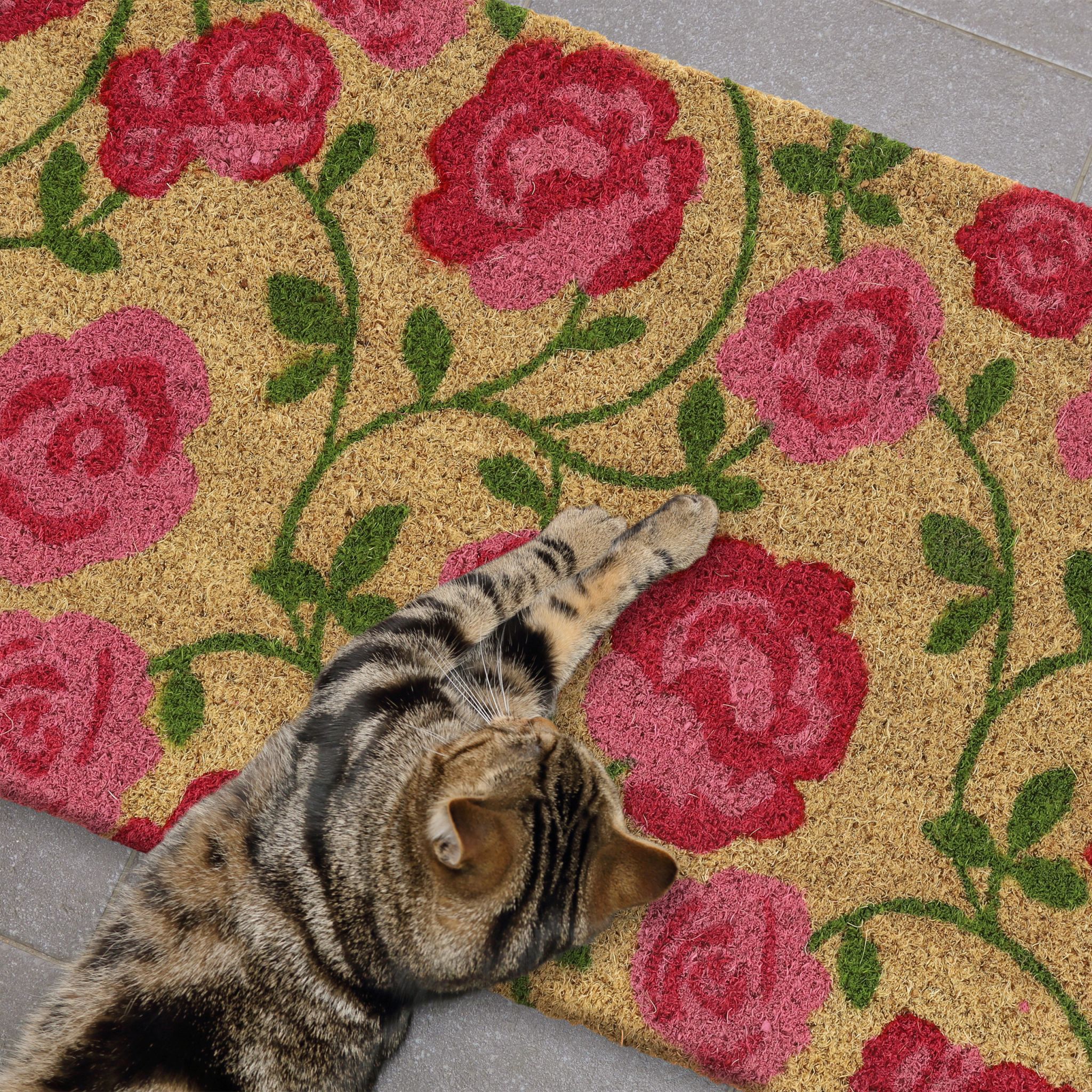 Kokos Fussmatte mit Rosen-Motiv Grün-Hellbraun-Pink von Relaxdays