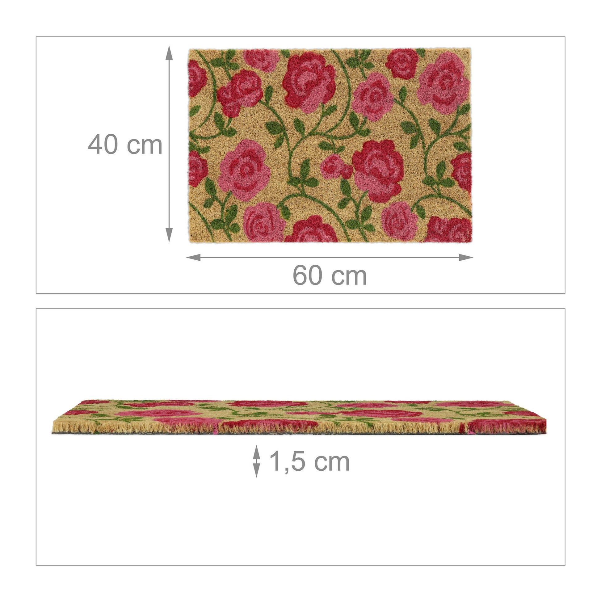 Kokos Fussmatte mit Rosen-Motiv Grün-Hellbraun-Pink von Relaxdays