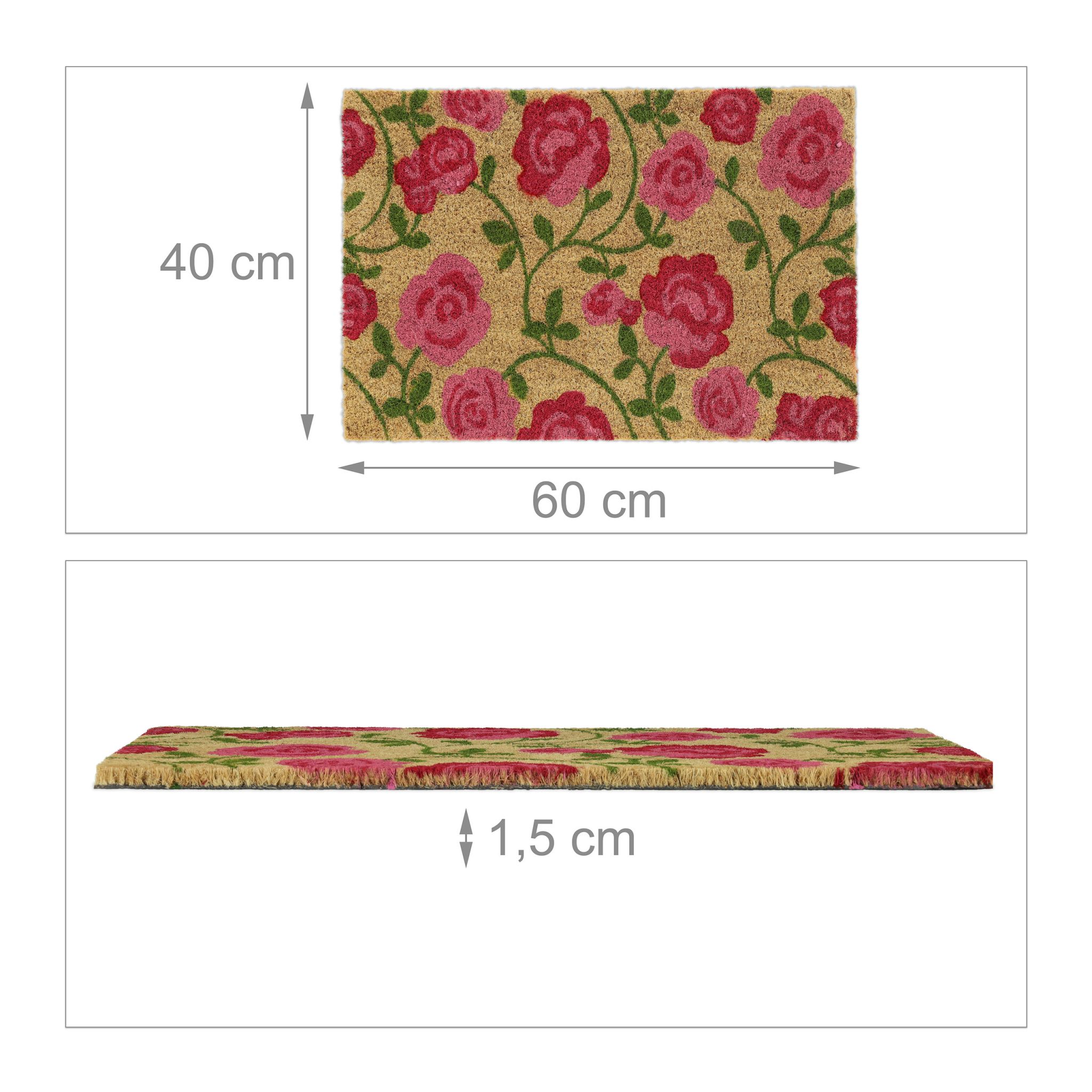 Kokos Fussmatte mit Rosen-Motiv Grün-Hellbraun-Pink von Relaxdays