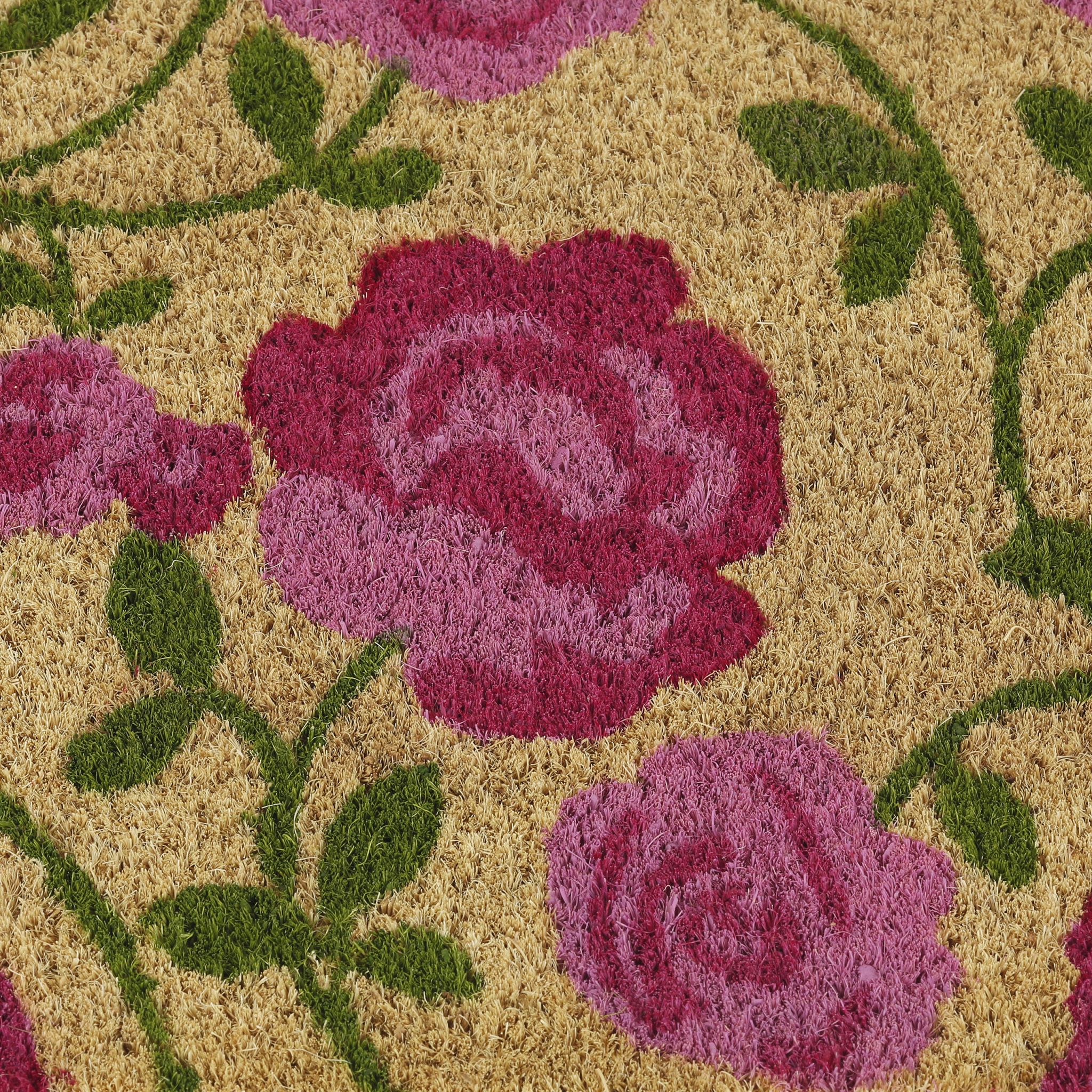 Kokos Fussmatte mit Rosen-Motiv Grün-Hellbraun-Pink von Relaxdays