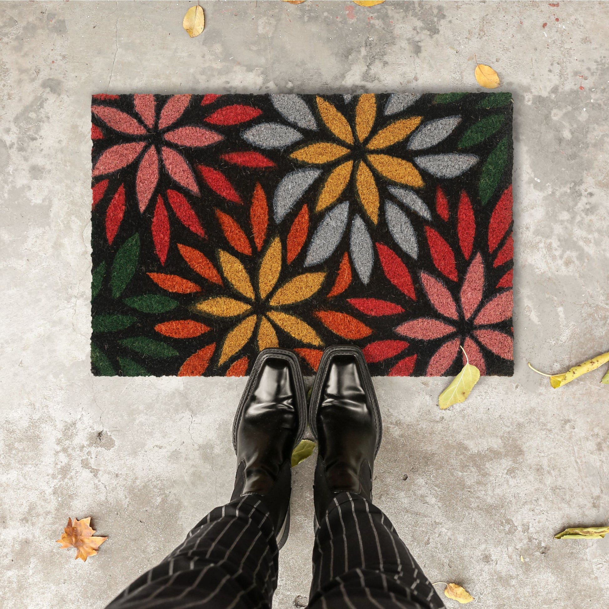 Kokos Fussmatte mit Blumenmotiv Hellblau-Rot-Schwarz von Relaxdays