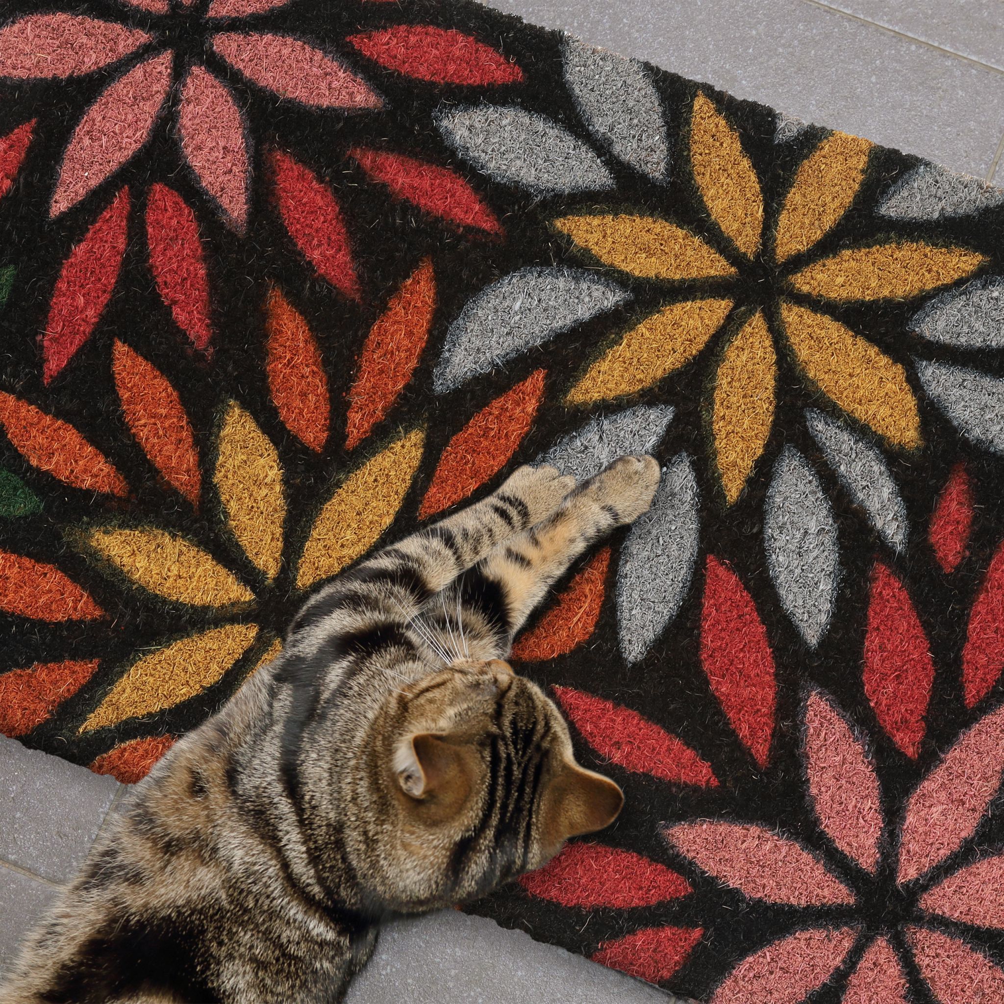 Kokos Fussmatte mit Blumenmotiv Hellblau-Rot-Schwarz von Relaxdays