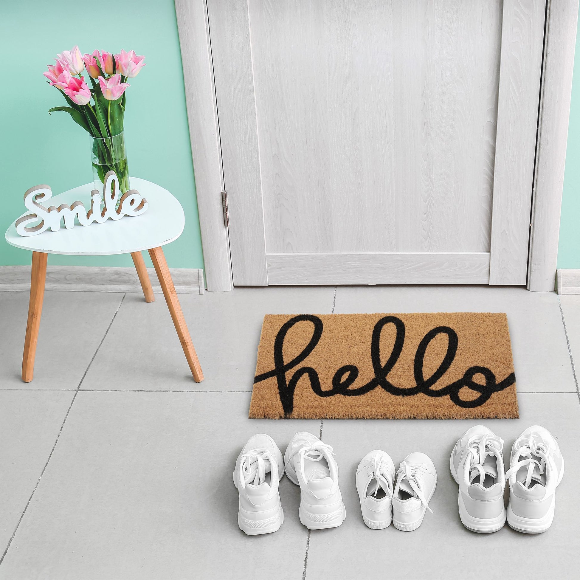 Kokos Fussmatte Hello Beige-Schwarz von Relaxdays