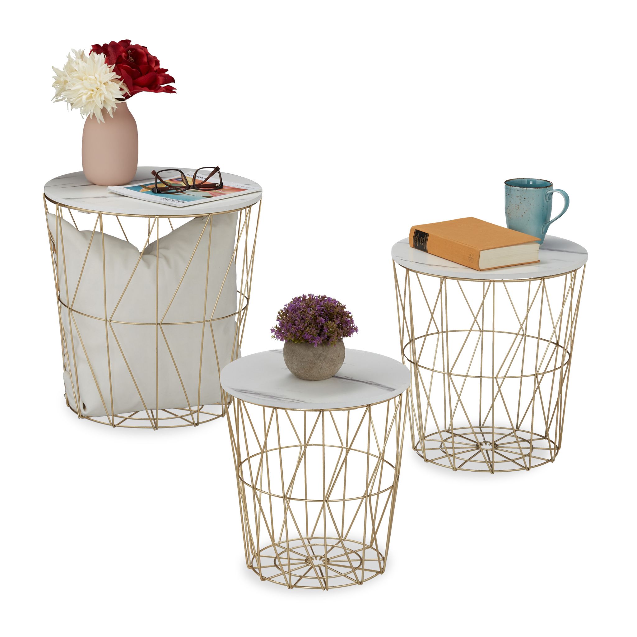 Korbtisch 3er-Set Weiss-Gold von Relaxdays