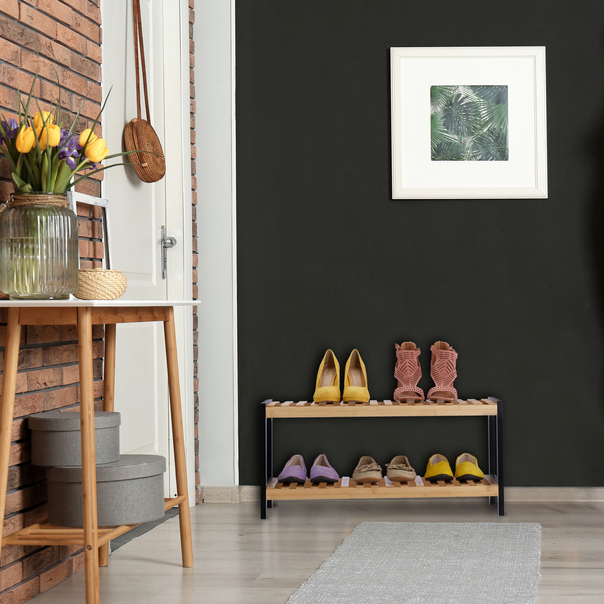 Schuhregal mit 2 Ebenen Hellbraun-Schwarz von Relaxdays