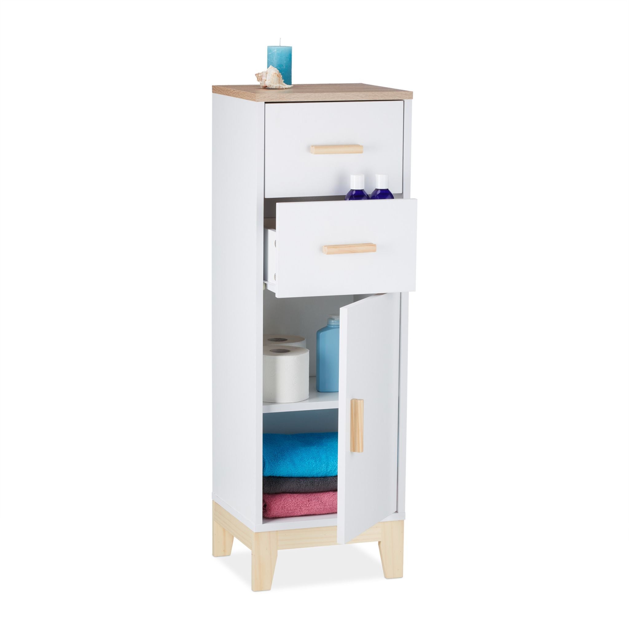 Badezimmerschrank mit 2 Schubladen Weiss-Hellbraun von Relaxdays