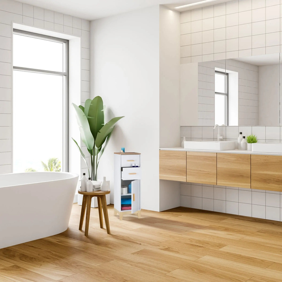 Badezimmerschrank mit 2 Schubladen Weiss-Hellbraun von Relaxdays