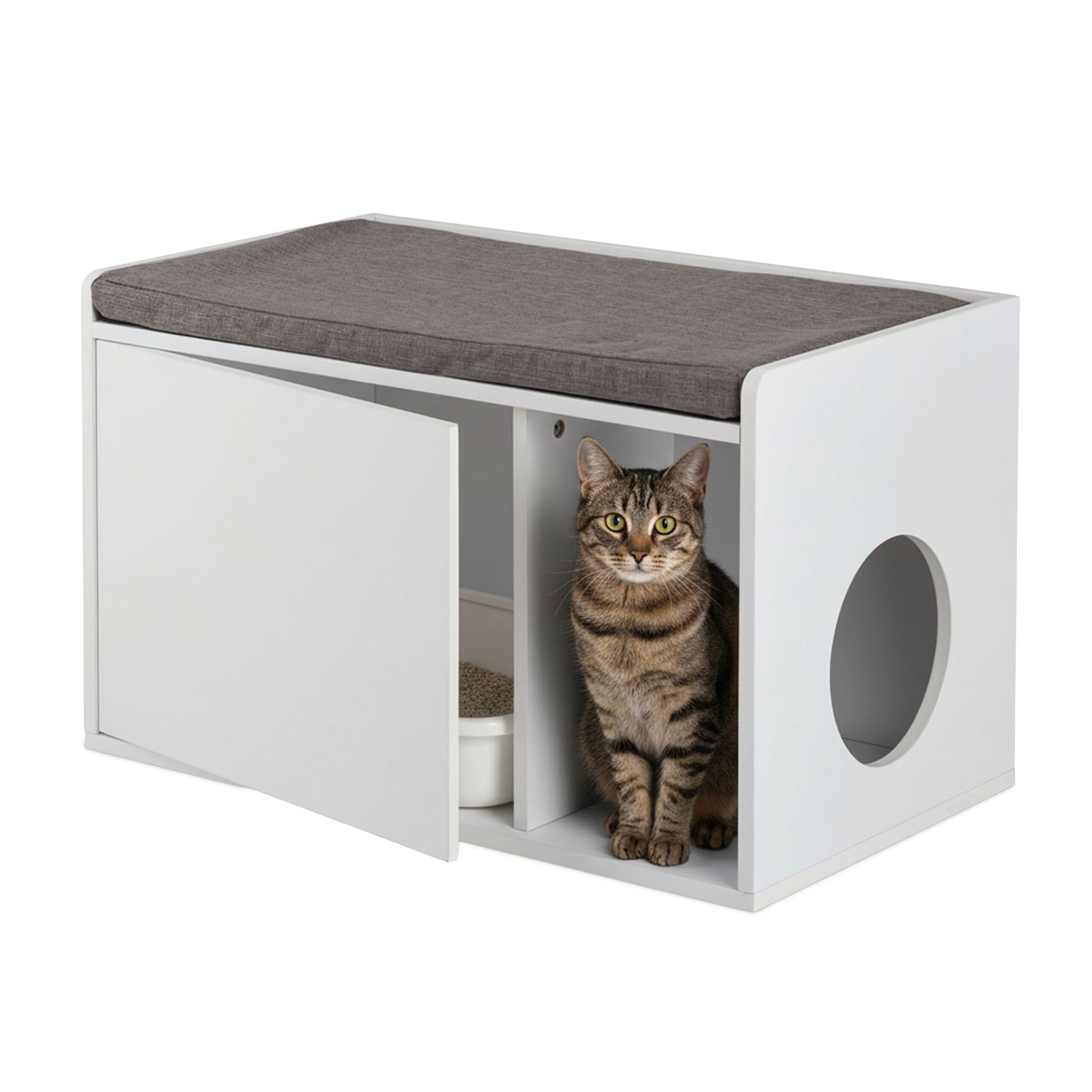 Katzenschrank mit Sitzauflage Weiss-Grau von Relaxdays