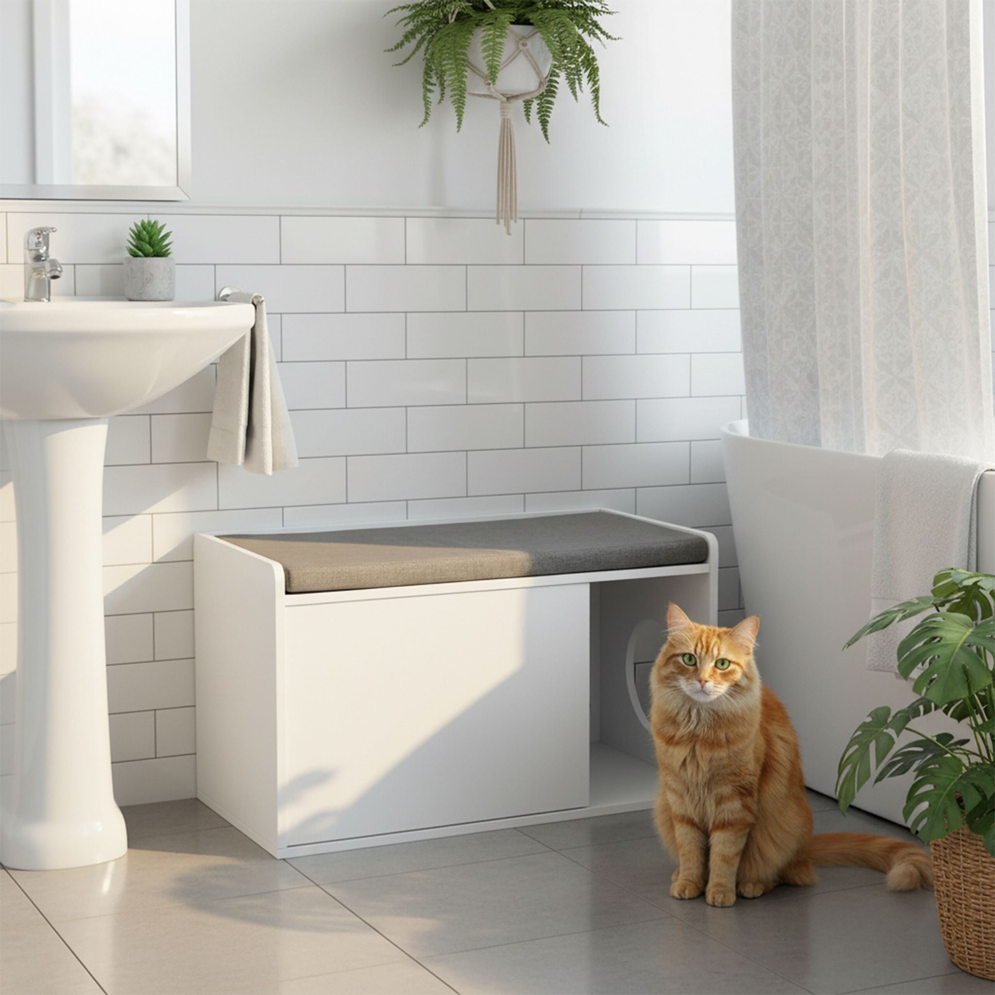 Katzenschrank mit Sitzauflage Weiss-Grau von Relaxdays