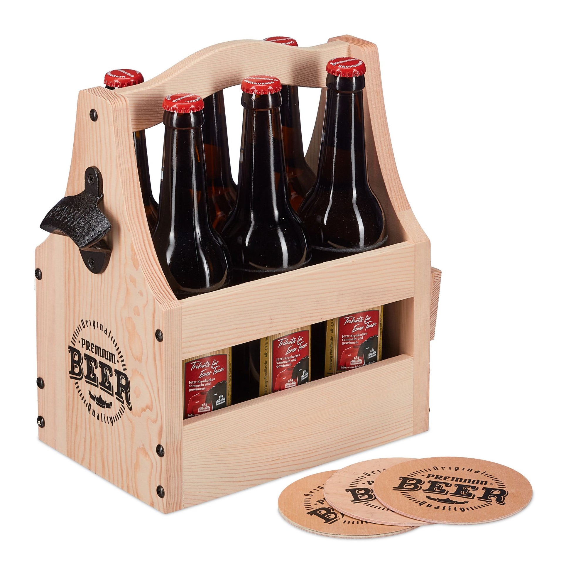 Bierträger Holz mit Flaschenöffner Hellbraun-Schwarz von Relaxdays